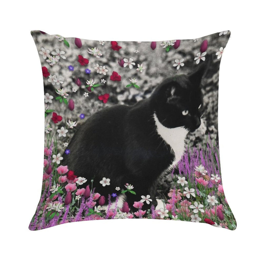 Freckles in Flowers II - Tuxedo Cat Soft Short Plush Fabric Throw Pillow
