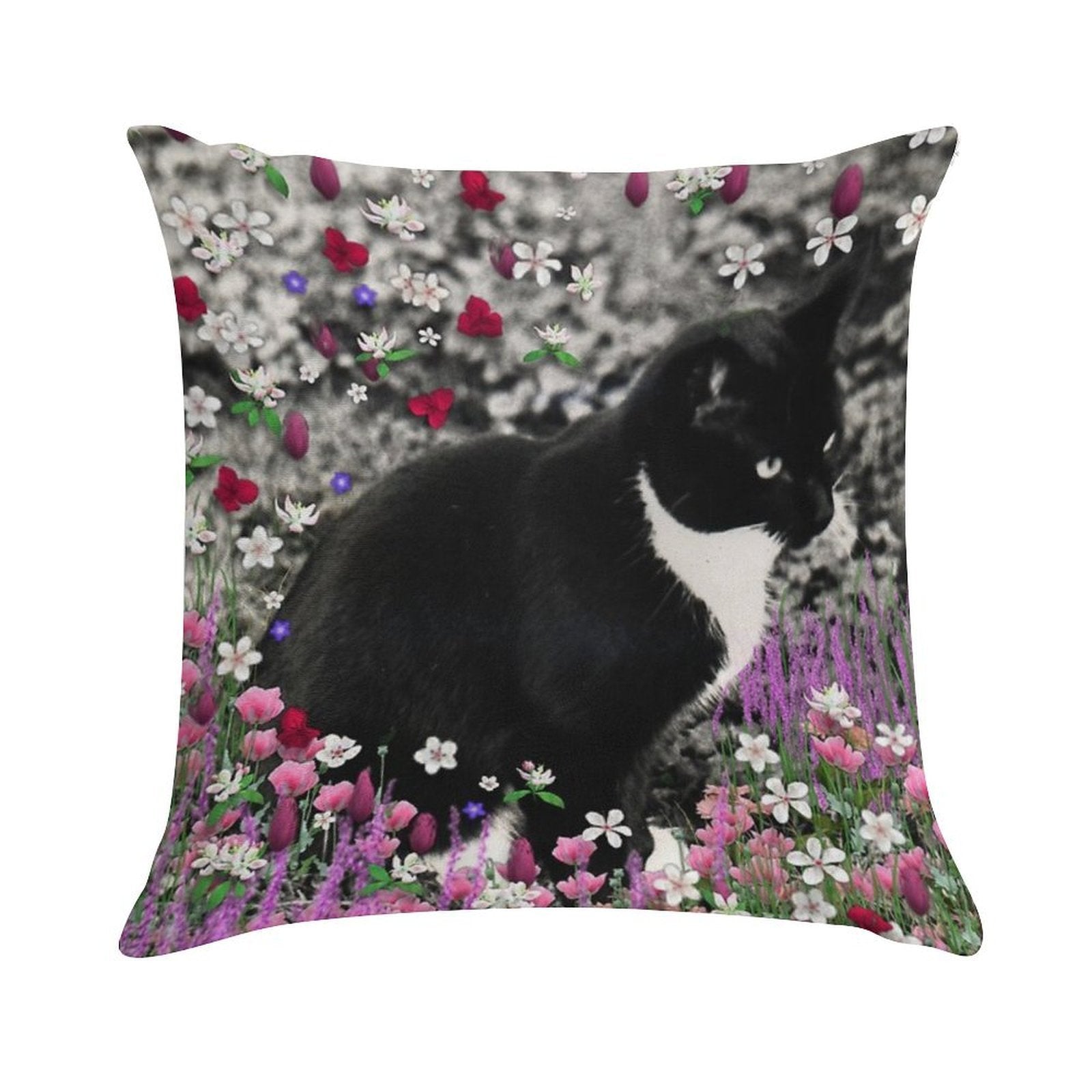 Freckles in Flowers II - Tuxedo Cat Soft Short Plush Fabric Throw Pillow
