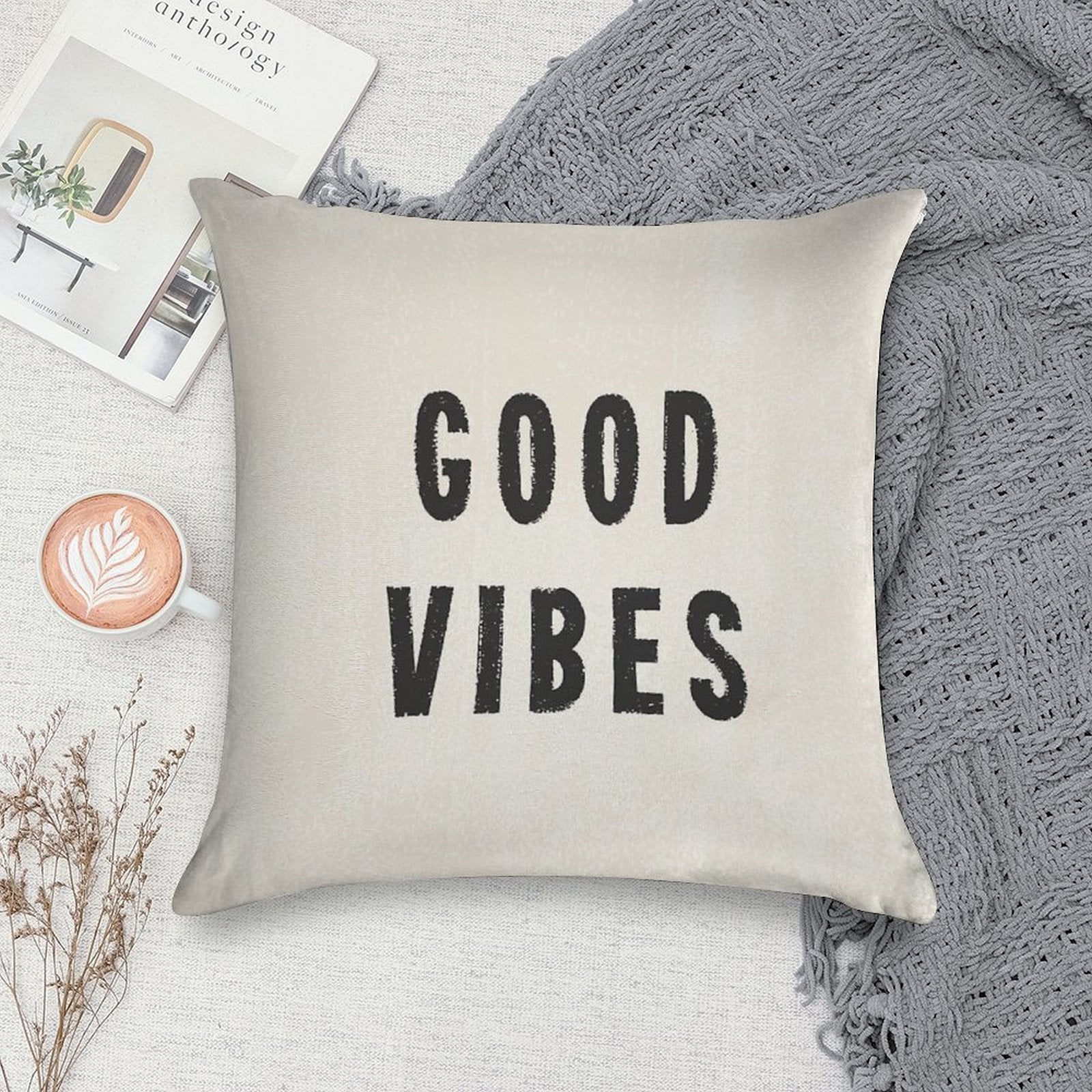 Grungy Distressed Ink Good Vibes  Black on Off-White Soft Anti-Pilling Throw Pillow