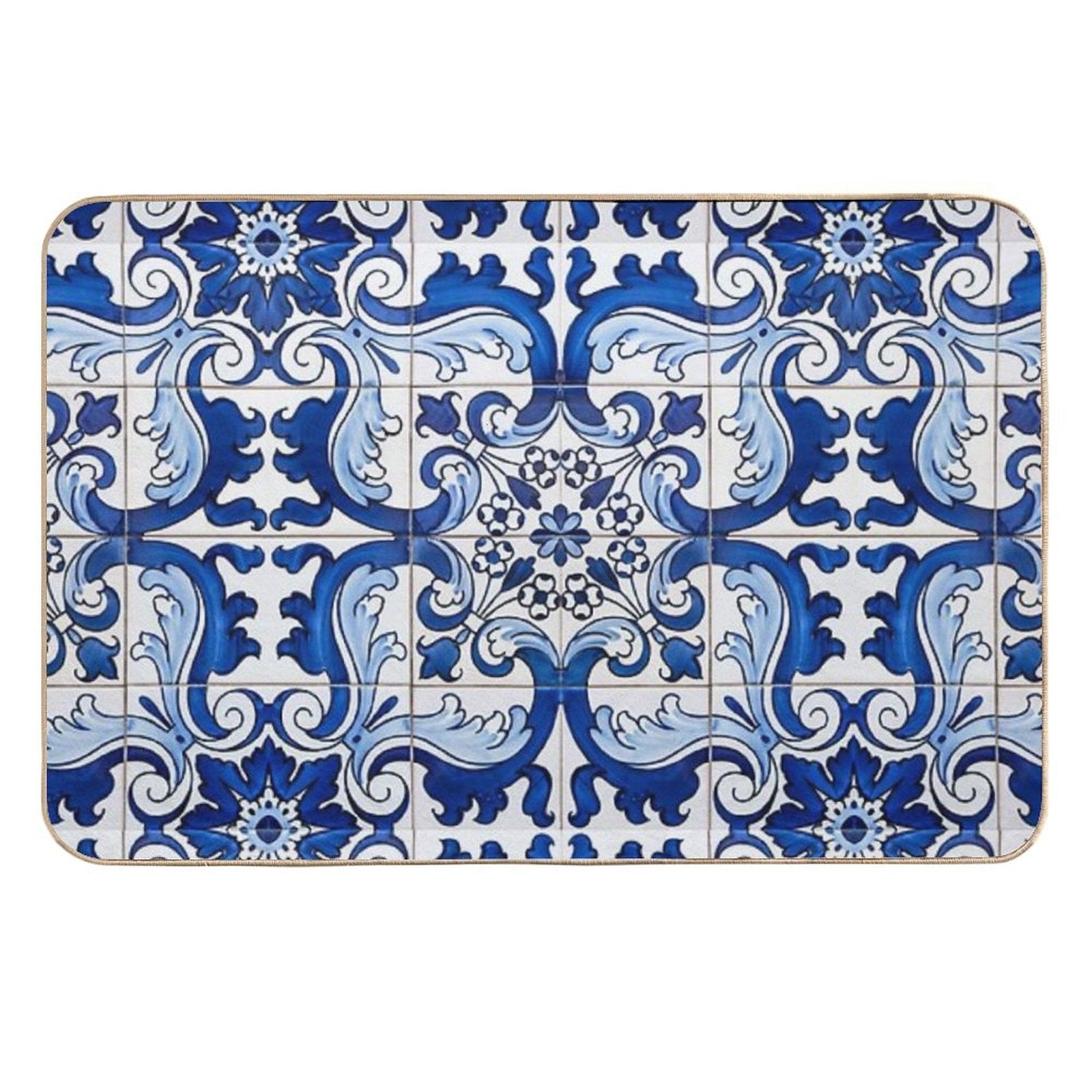 Antique Classic Lisbon Blue Azulejo Tile Floral Pattern  Stain-Proof Bath Mat