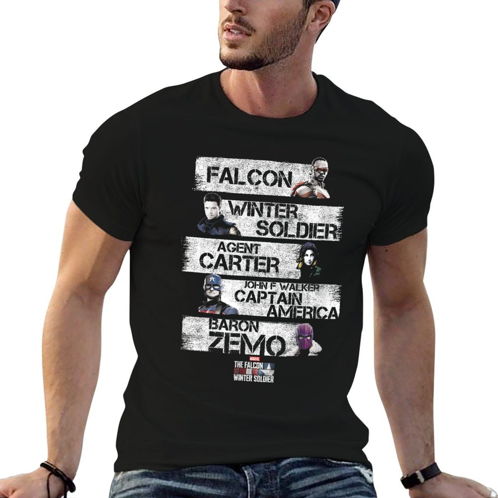 Marvel The Falcon  The Winter Soldier Character Stack  Ribbed Collar T-Shirt