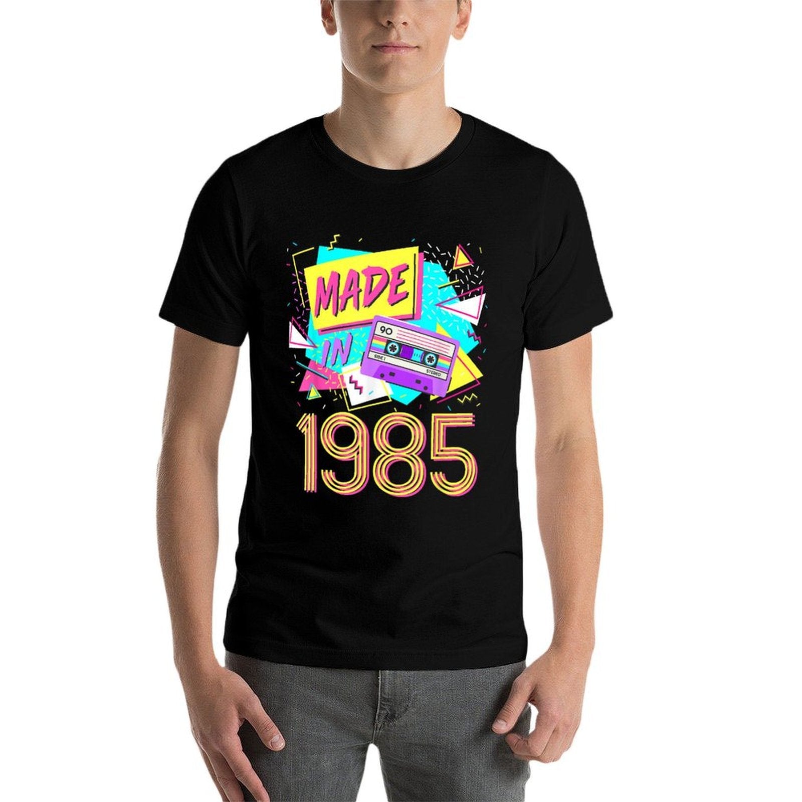 Made In 1985 37 Years Old Retro Vintage 80s 37th Birthday  Ribbed Collar T-Shirt