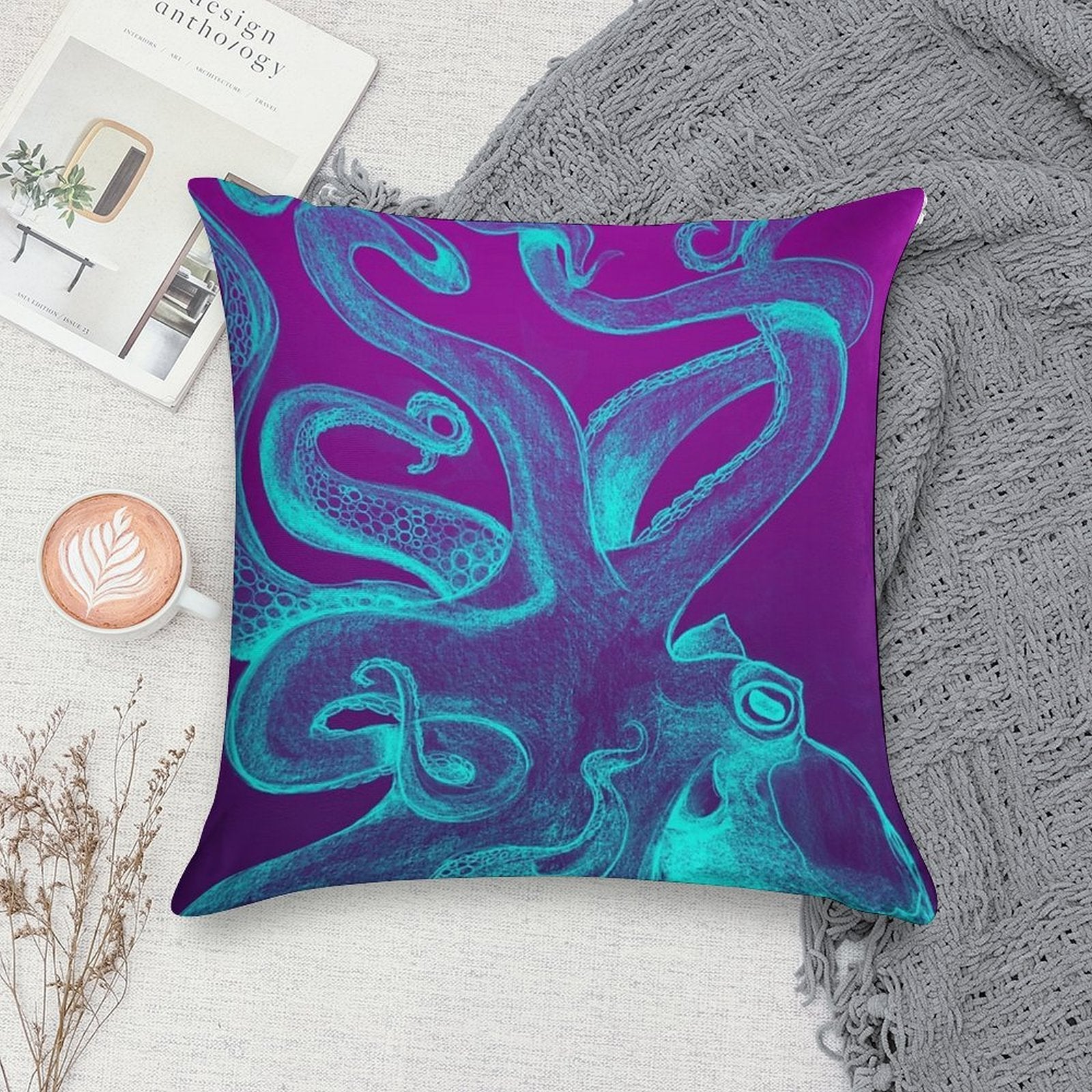 Blue & Purple Octopus Soft Decorative Cover Throw Pillow