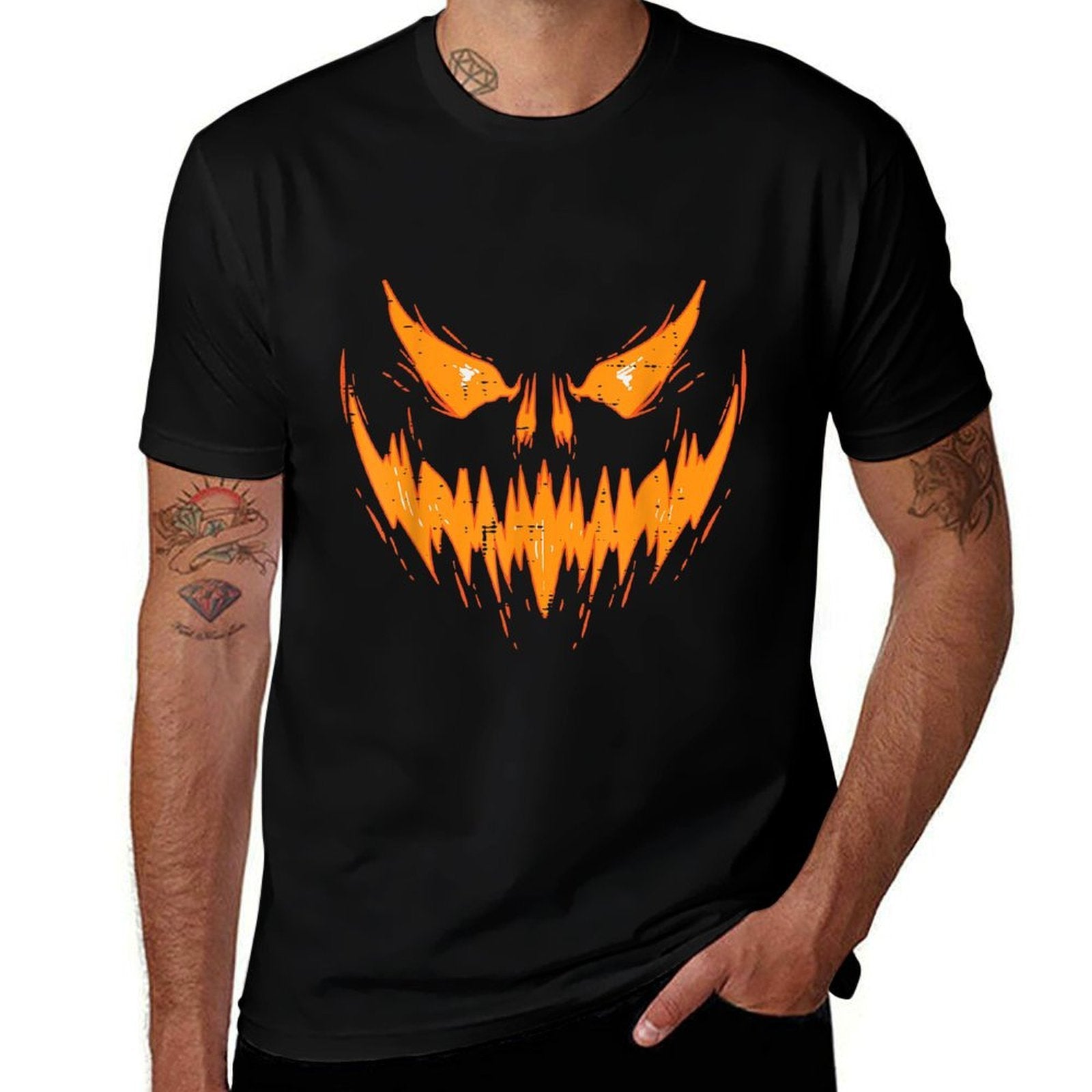 Scary Spooky Jack O Lantern Face Pumpkin Halloween Men Boys  Tagless Design T-Shirt