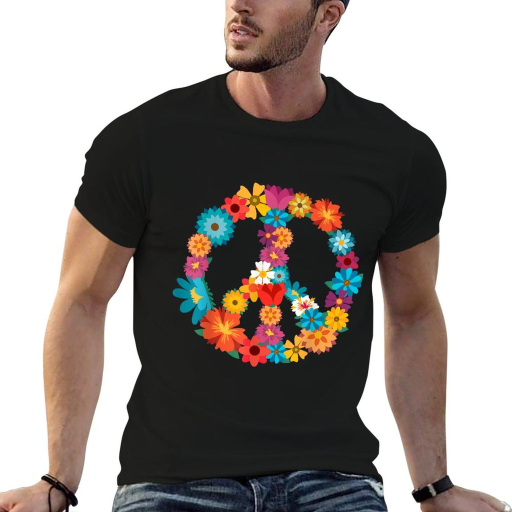 Peace Love  60s 70s Hippie Costume Colorful Flowers  Oversized Silhouette T-Shirt