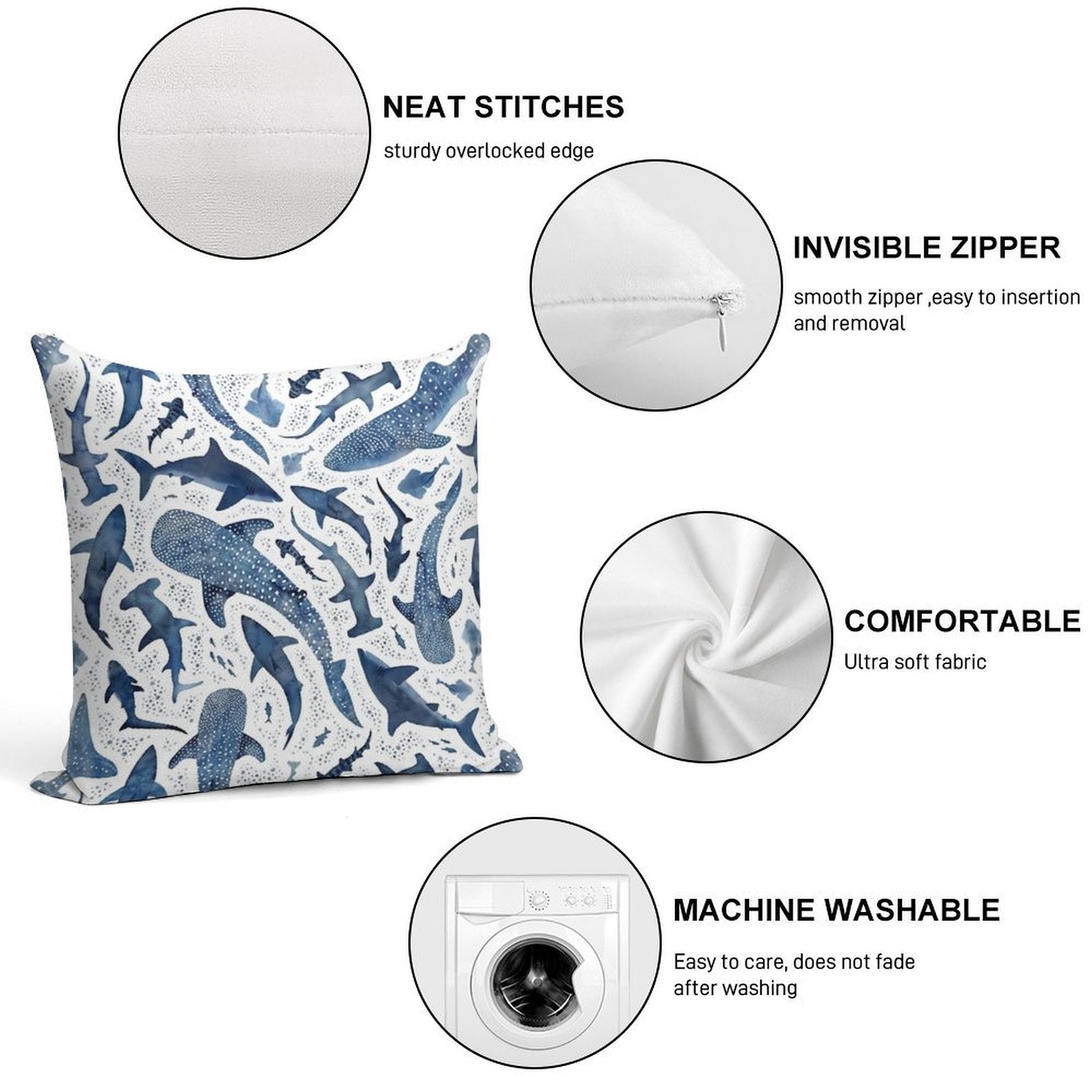 Monochrome Blue Watercolour Shark Ocean on White Soft Skin-Friendly Throw Pillow