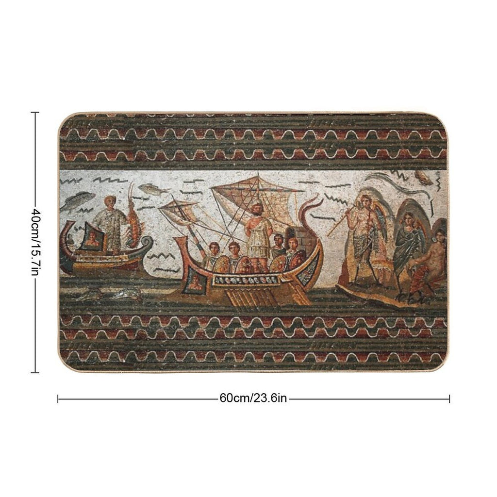 ANTIQUE ROMAN MOSAICS  Odyssey ,Ulysses Sailing with Vessel, Resistant to Sirens.,  Dirt-Trapping Bath Mat