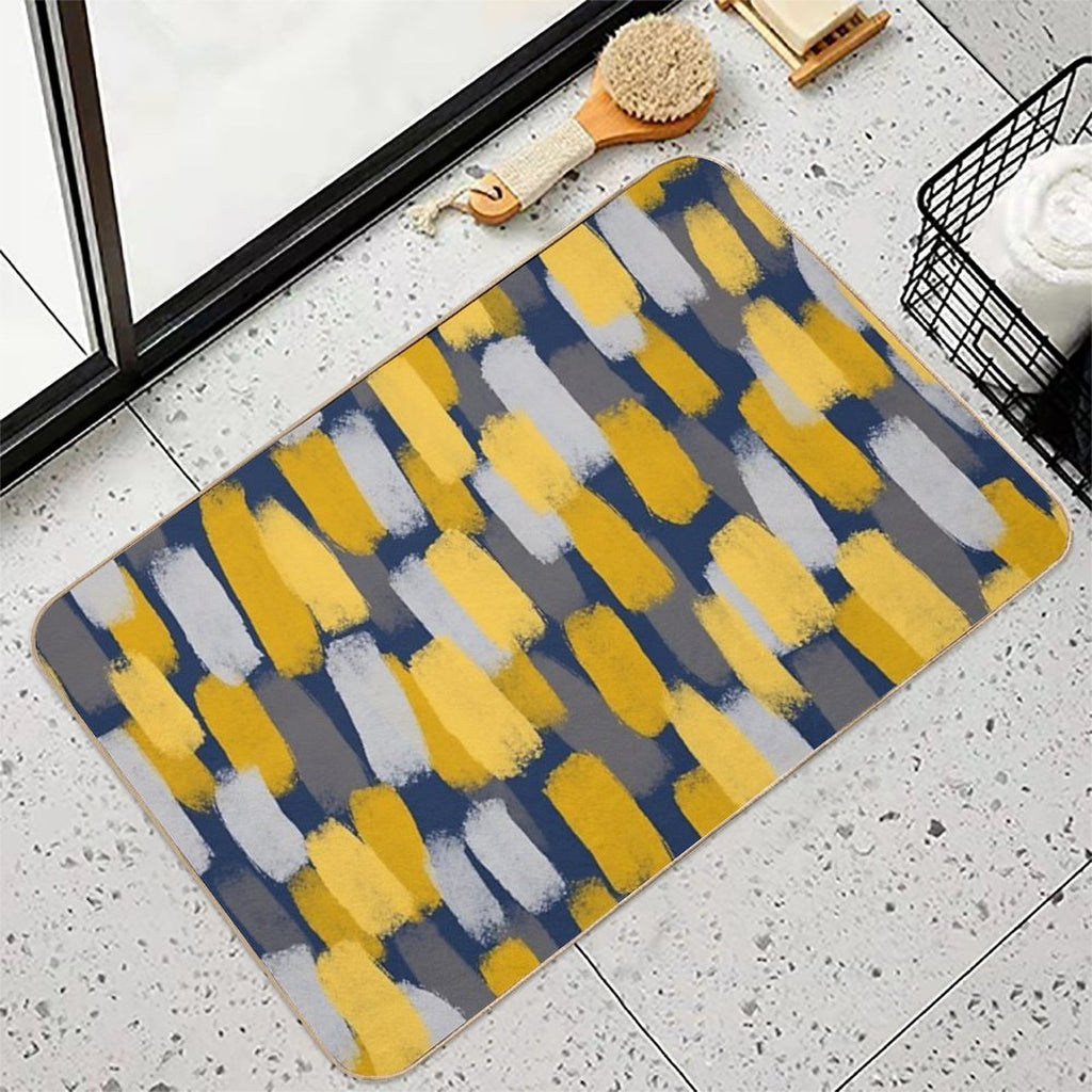 Abstract Grey And Mustard Yellow Paint Brush Effect on Navy Blue  Odorless Bath Mat