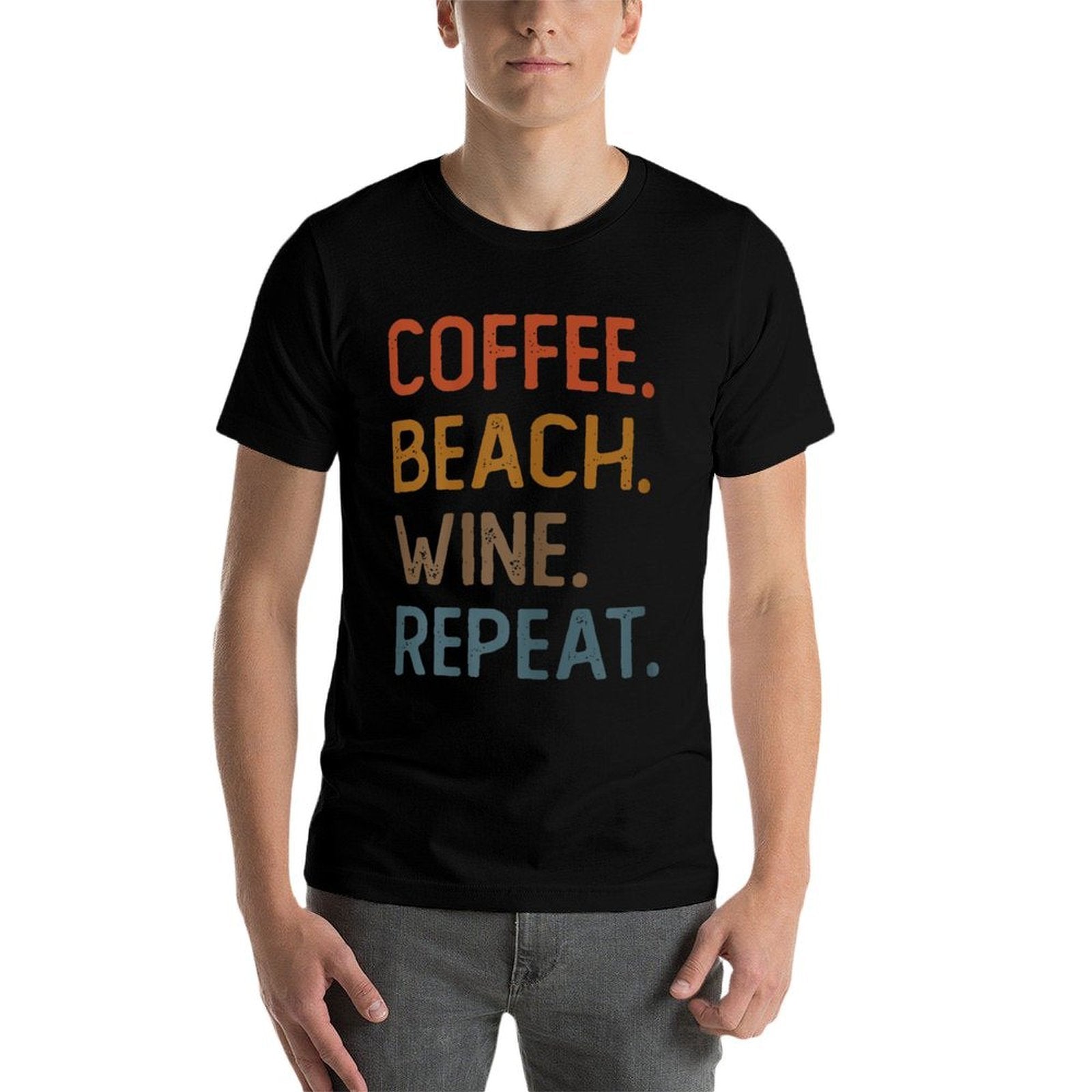 Coffee Beach Wine Repeat Funny Wine Coffee Beach Summer  Ribbed Collar T-Shirt