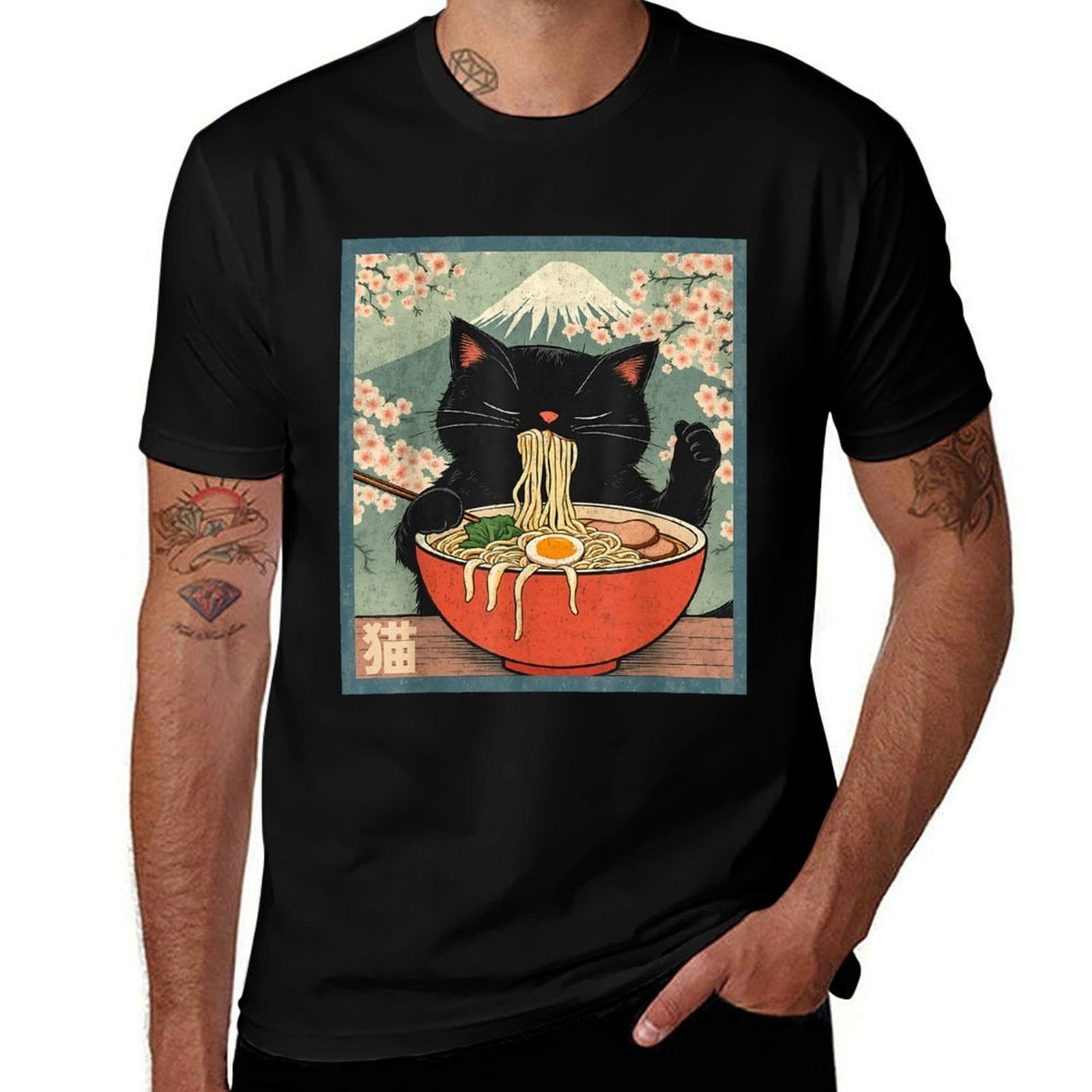 Retro Kawaii Animes Cat Eating Ramen Anime Japanese  Durable T-Shirt
