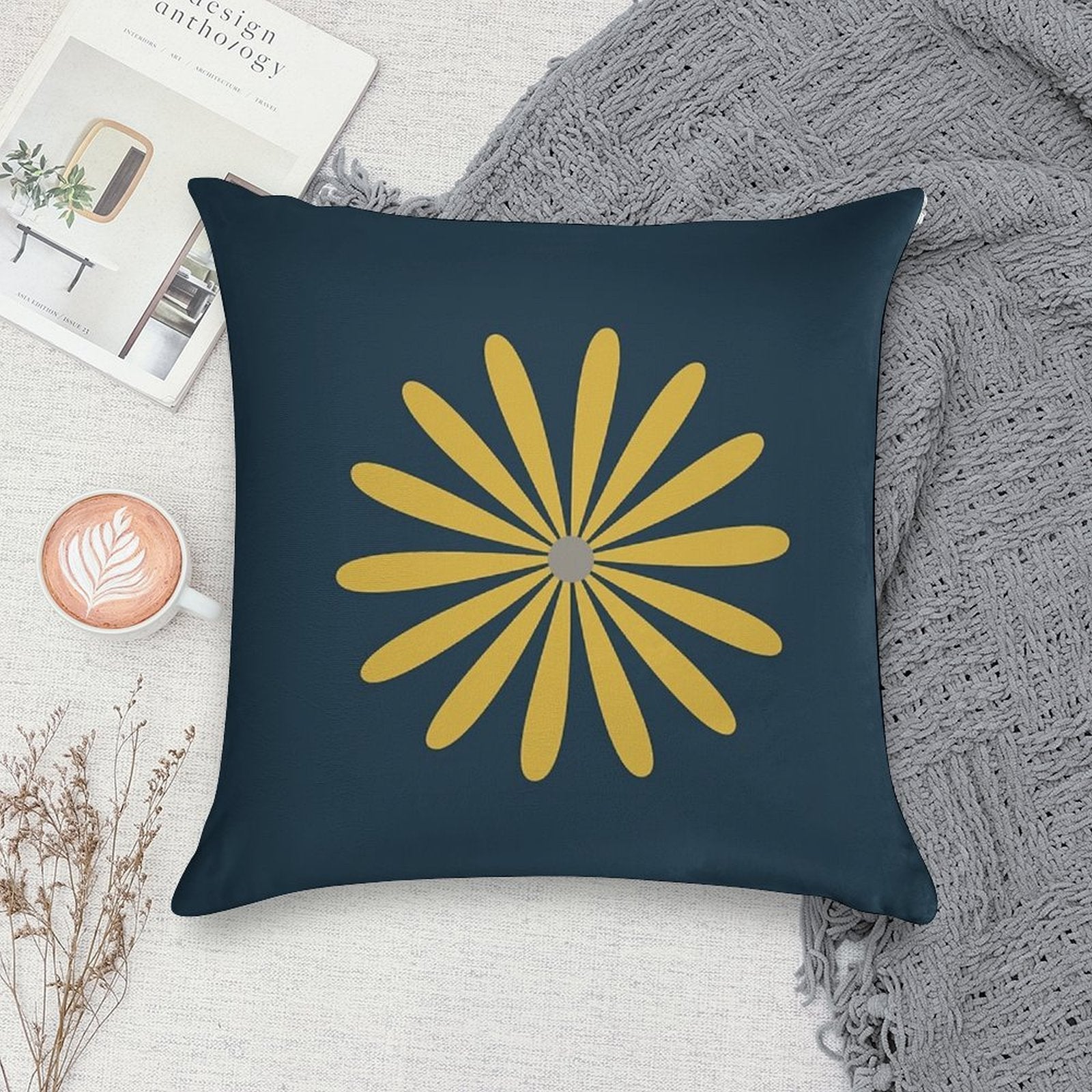 Big Daisy in Light Mustard Yellow And Grey on Navy Blue Minimalist Retro Modern Floral Soft Home Decor Throw Pillow
