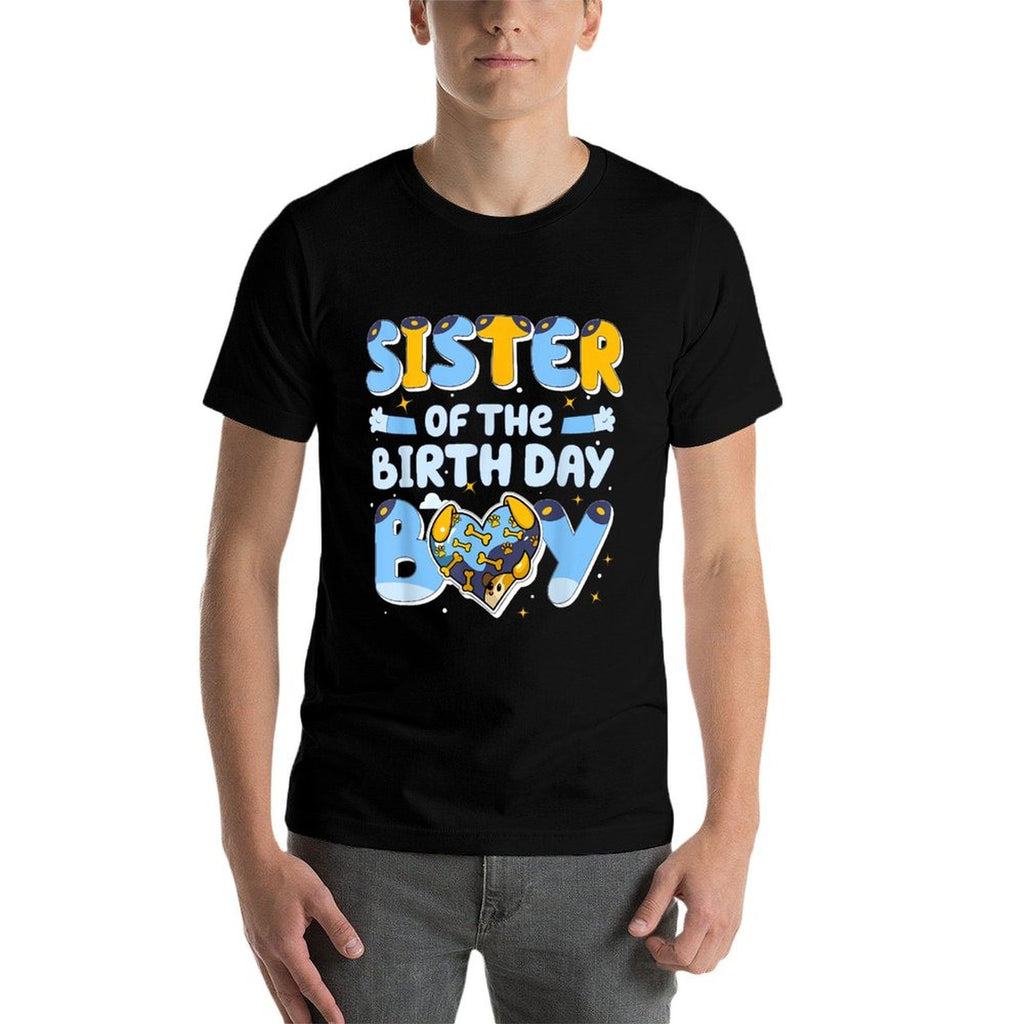 Sister Of The Birthday Boy Funny Blue Dog Family Matching  Ribbed Collar T-Shirt
