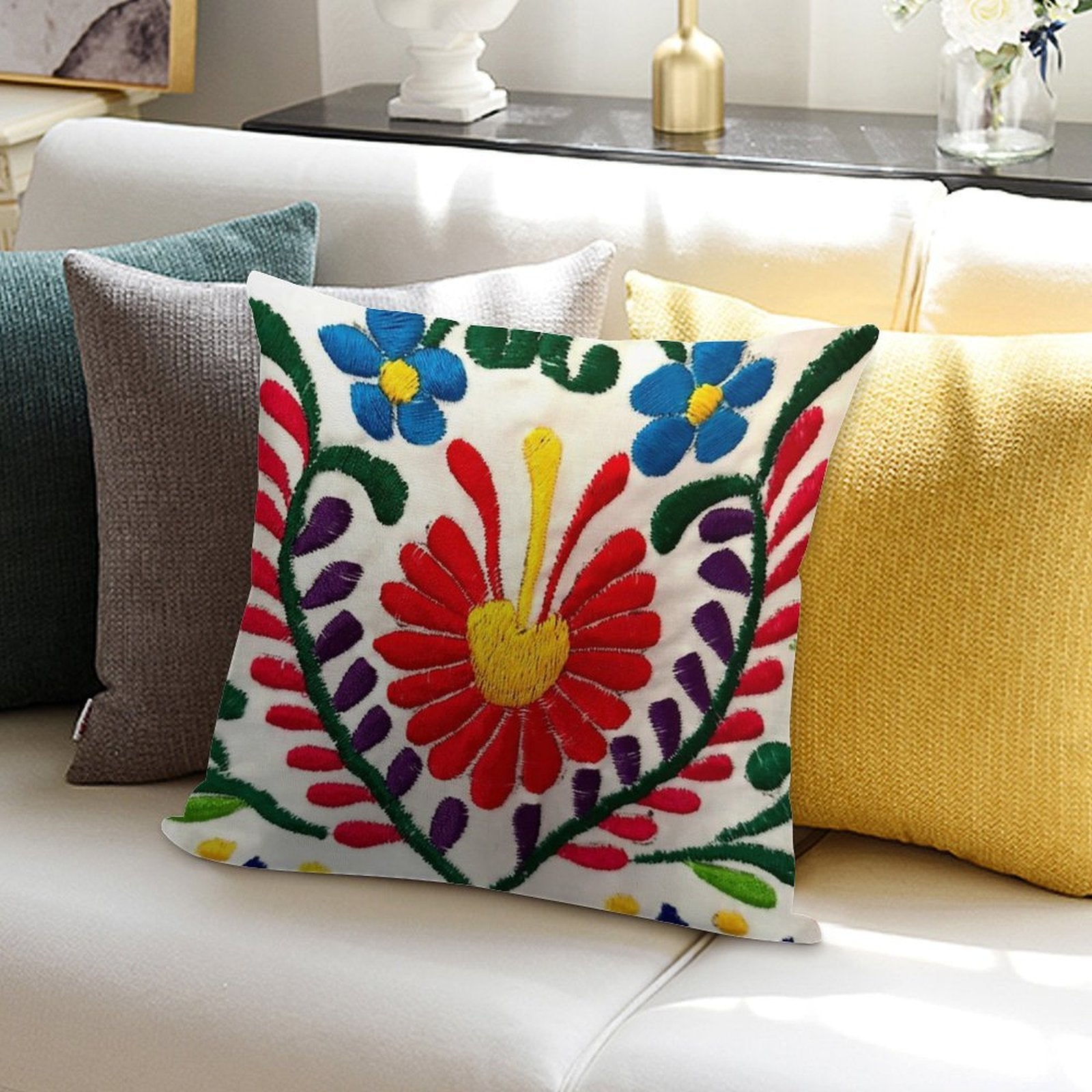 Mexican Flowers Soft Reinforced Edging Throw Pillow