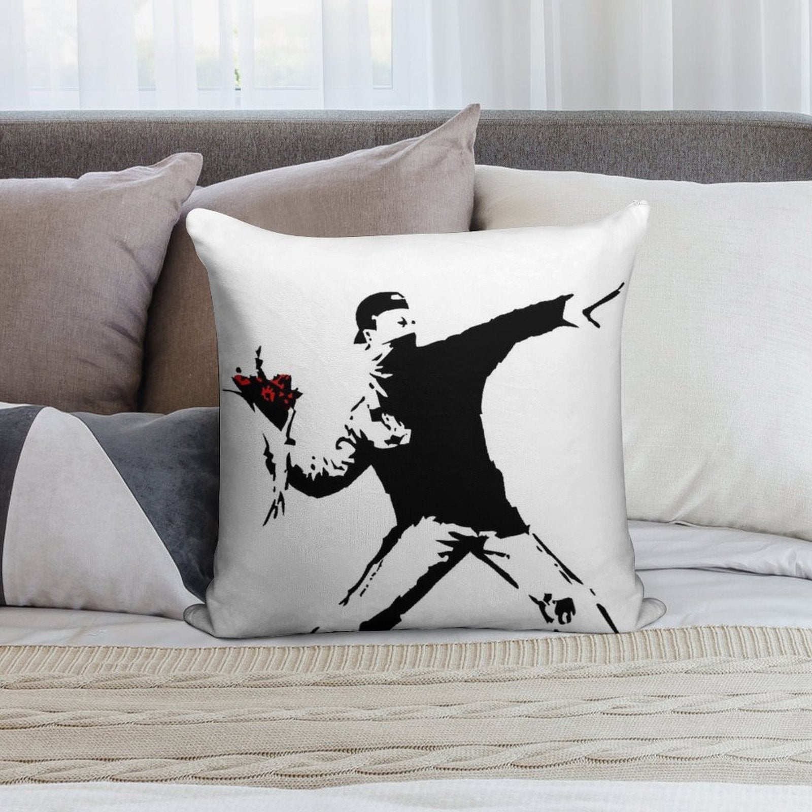 Banksy Flower Thrower! Soft High-Density Material Throw Pillow