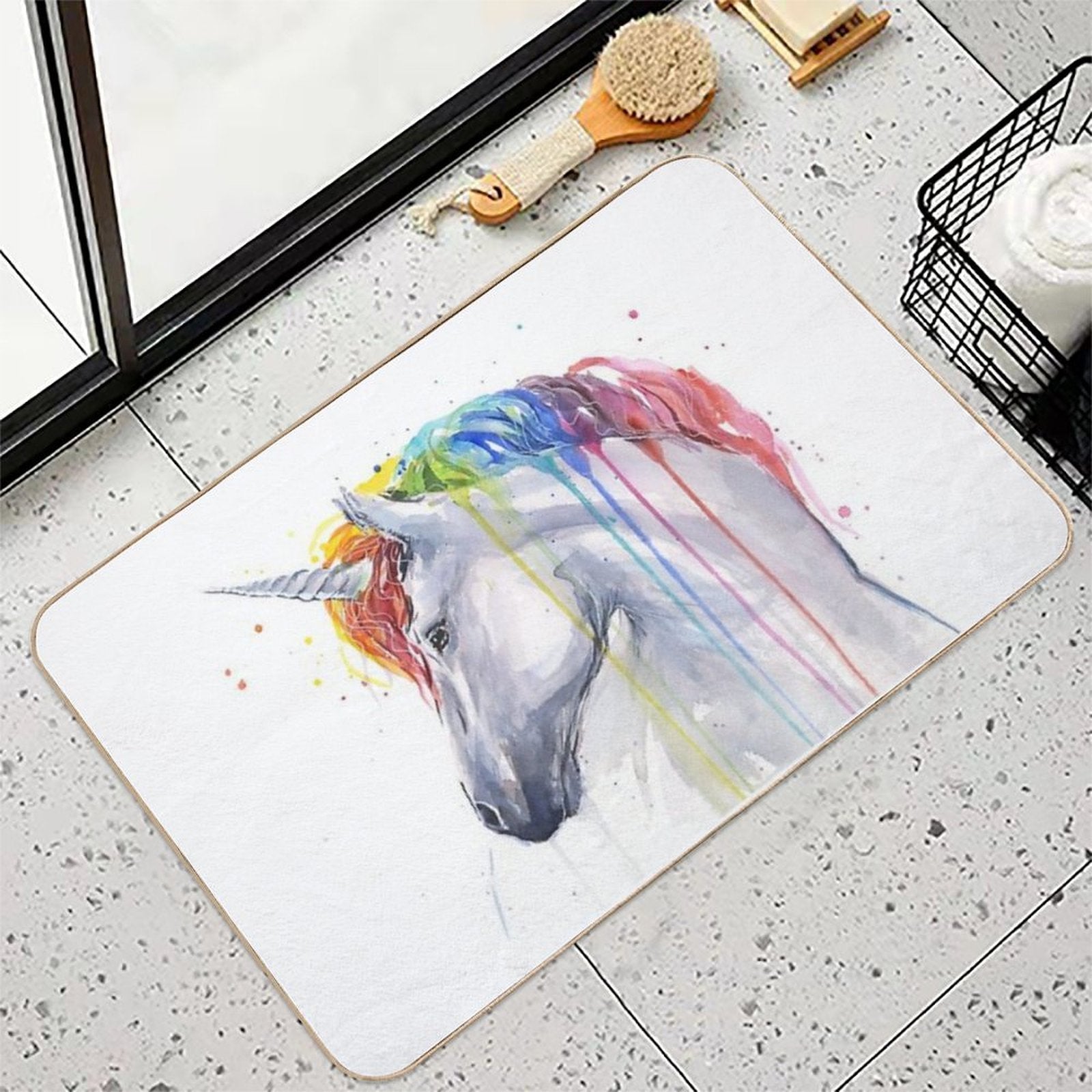 Rainbow Unicorn Watercolor  Rapid-Drying Bath Mat
