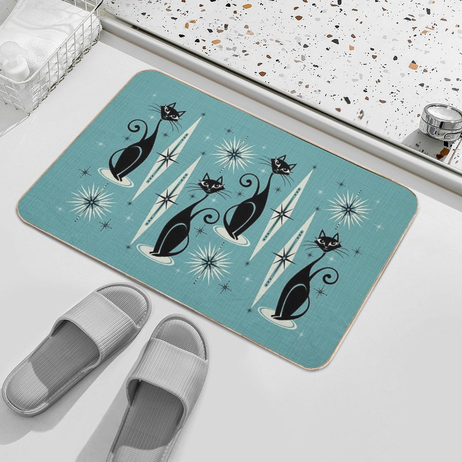 Mid Century Meow on Blue - Large Scale  Fade-Resistant Bath Mat