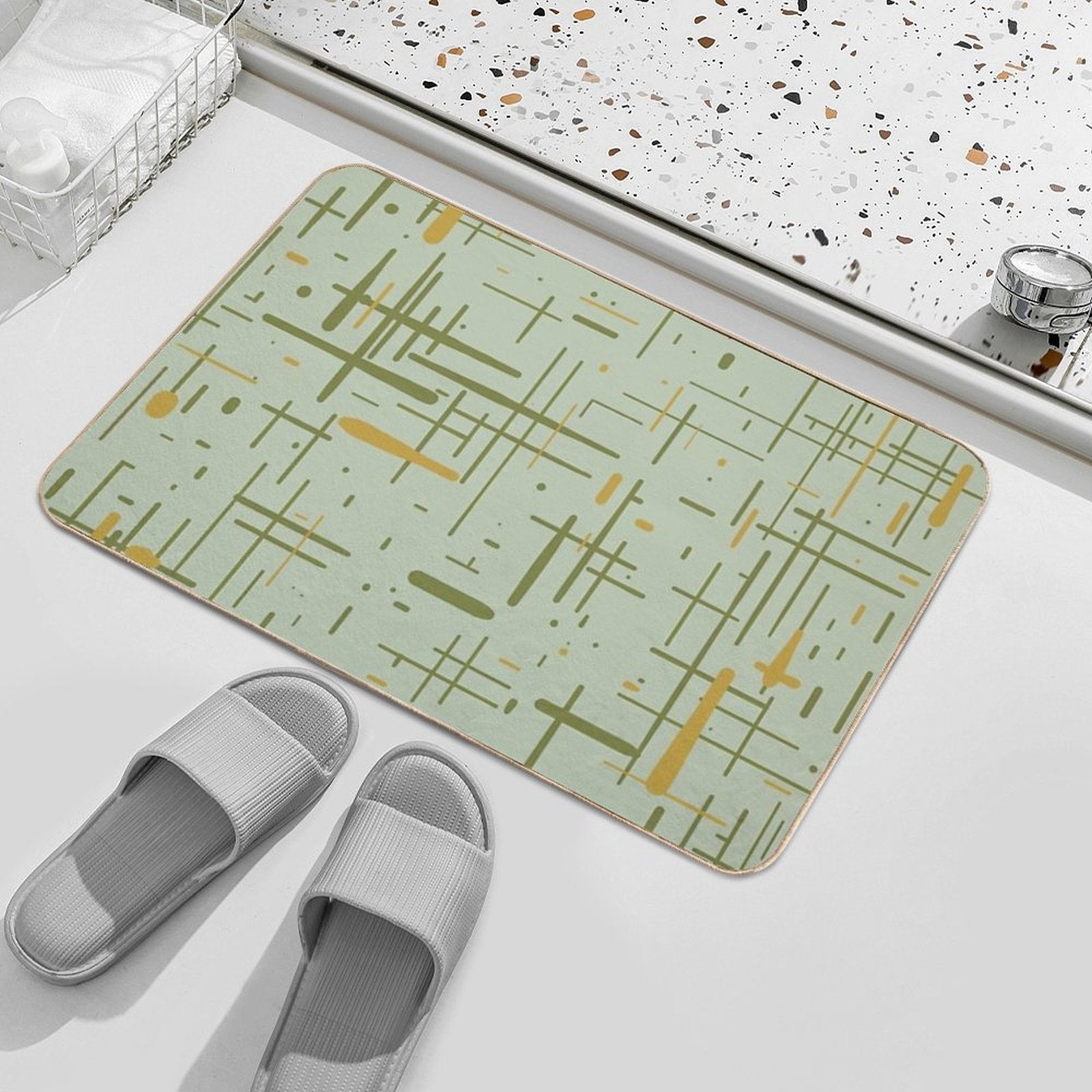 Mid-Century Modern Kinetikos Pattern Celadon Olive Green Mustard Gold  Versatile Bath Mat