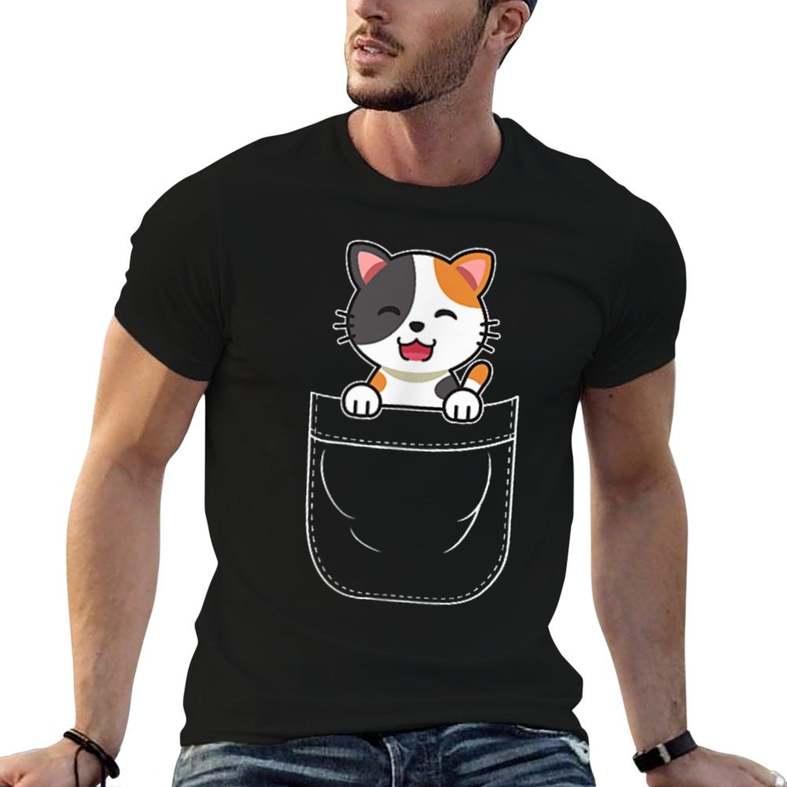Cute Calico Cat Kitten in Pocket for Men Women Girls Kids  Breathable T-Shirt