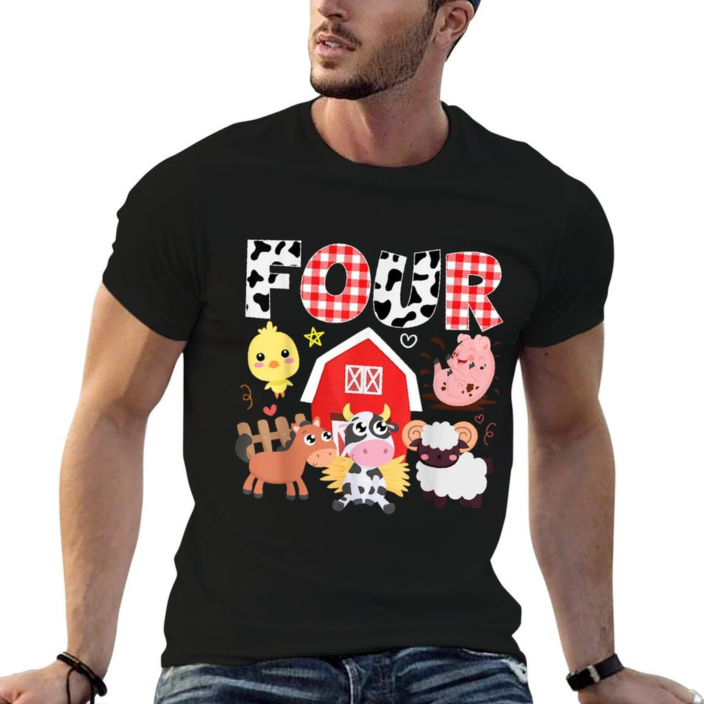 4th Birthday Four Year Old Farm Theme Animals Birthday Party  Rolled Sleeves T-Shirt