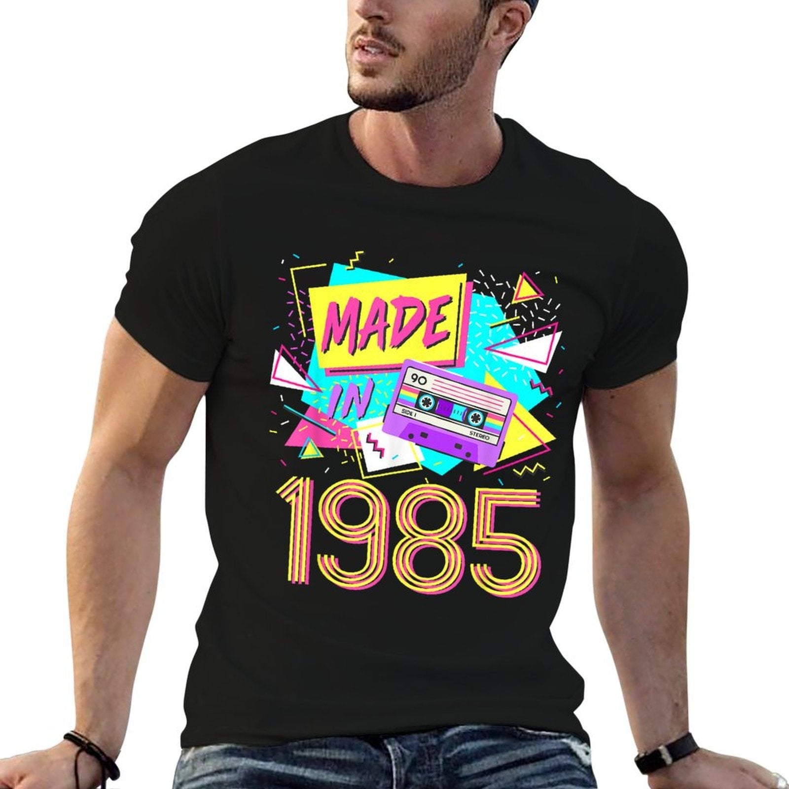 Made In 1985 37 Years Old Retro Vintage 80s 37th Birthday  Ribbed Collar T-Shirt
