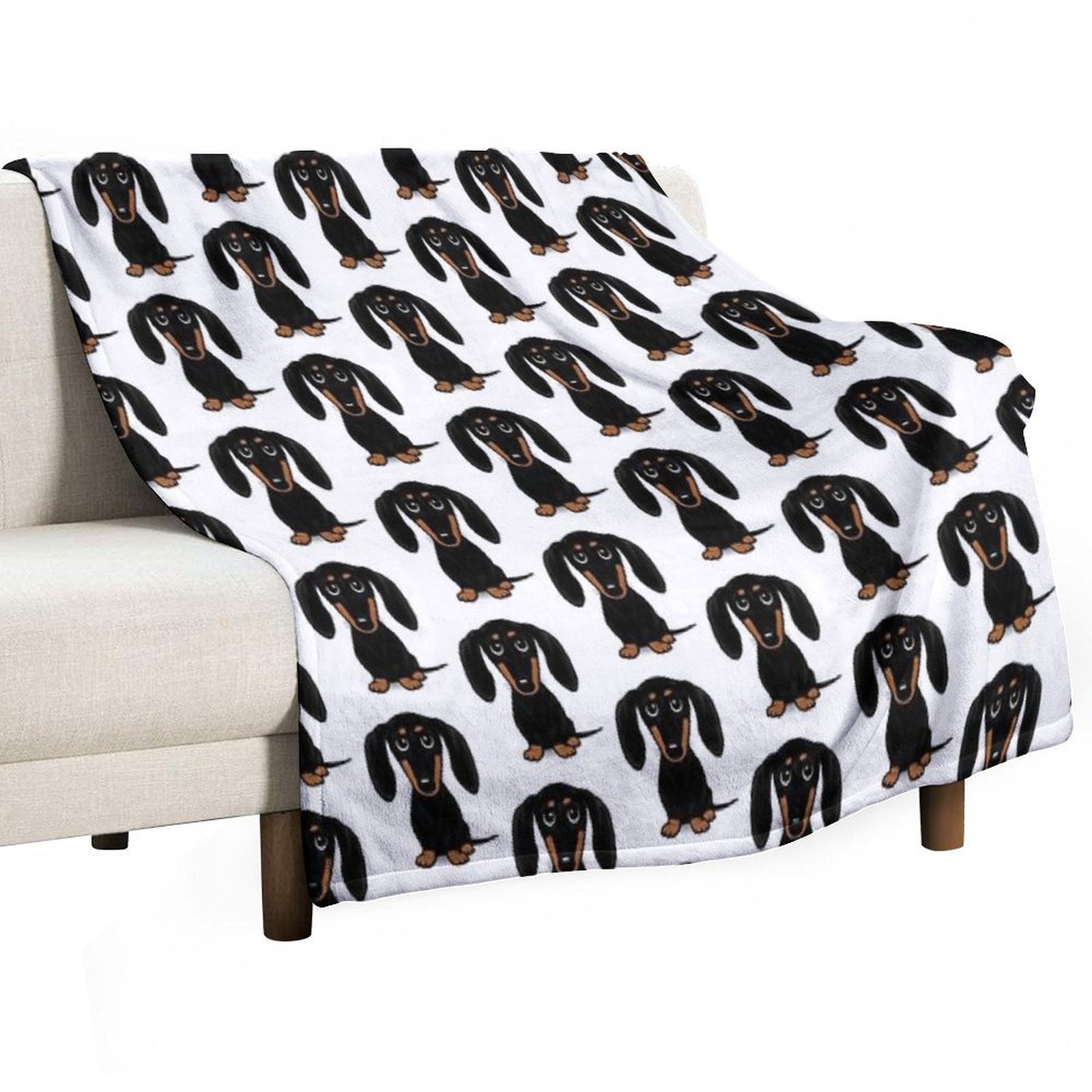 Cute Black And Tan Smooth Coated Dachshund Cartoon Dog Premium Throw Blanket