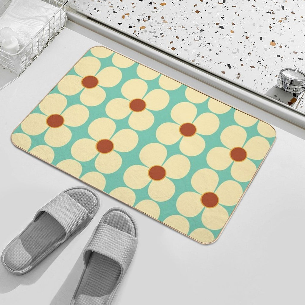 Retro Land Flower Power Blue And Cream  Easy To Clean Bath Mat