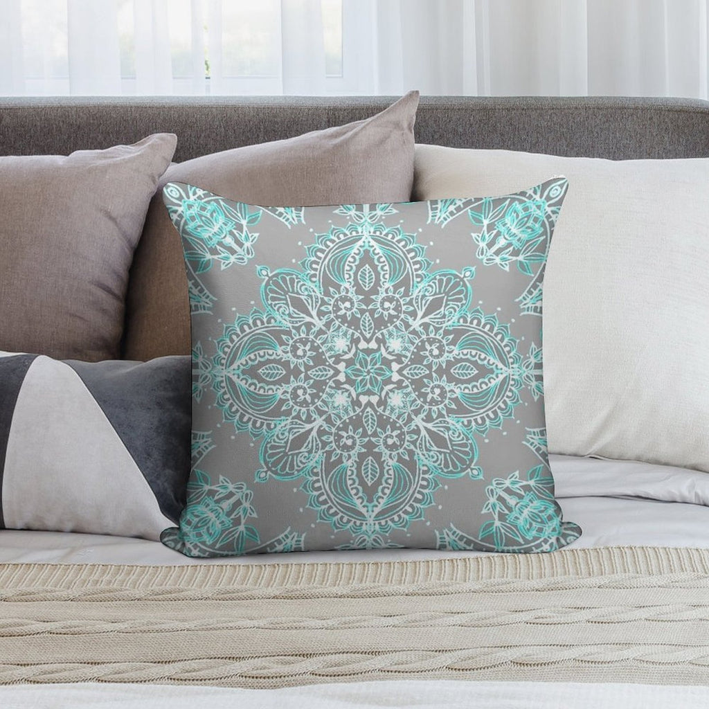 Teal And Aqua Lace Mandala on Grey Soft Skin-Friendly Throw Pillow