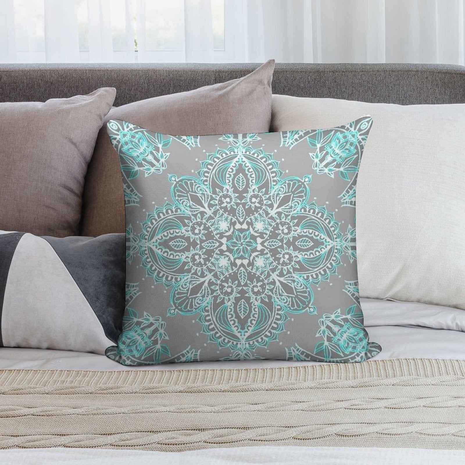 Teal And Aqua Lace Mandala on Grey Soft Skin-Friendly Throw Pillow