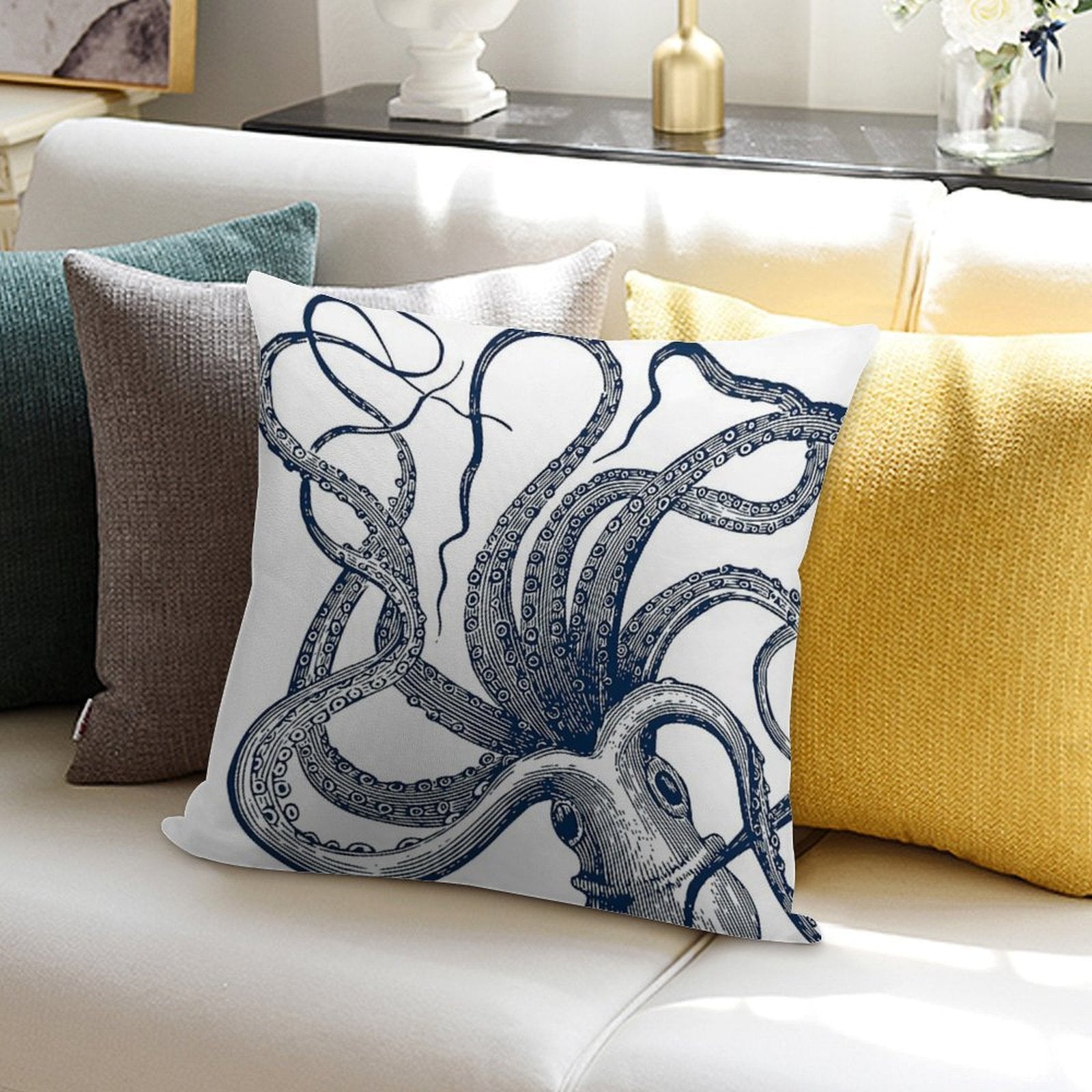 Navy Octopus Soft Home Decor Throw Pillow