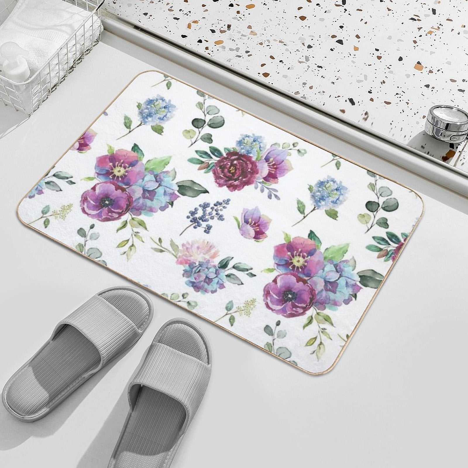 Blue Floral Print  Rapid-Drying Bath Mat