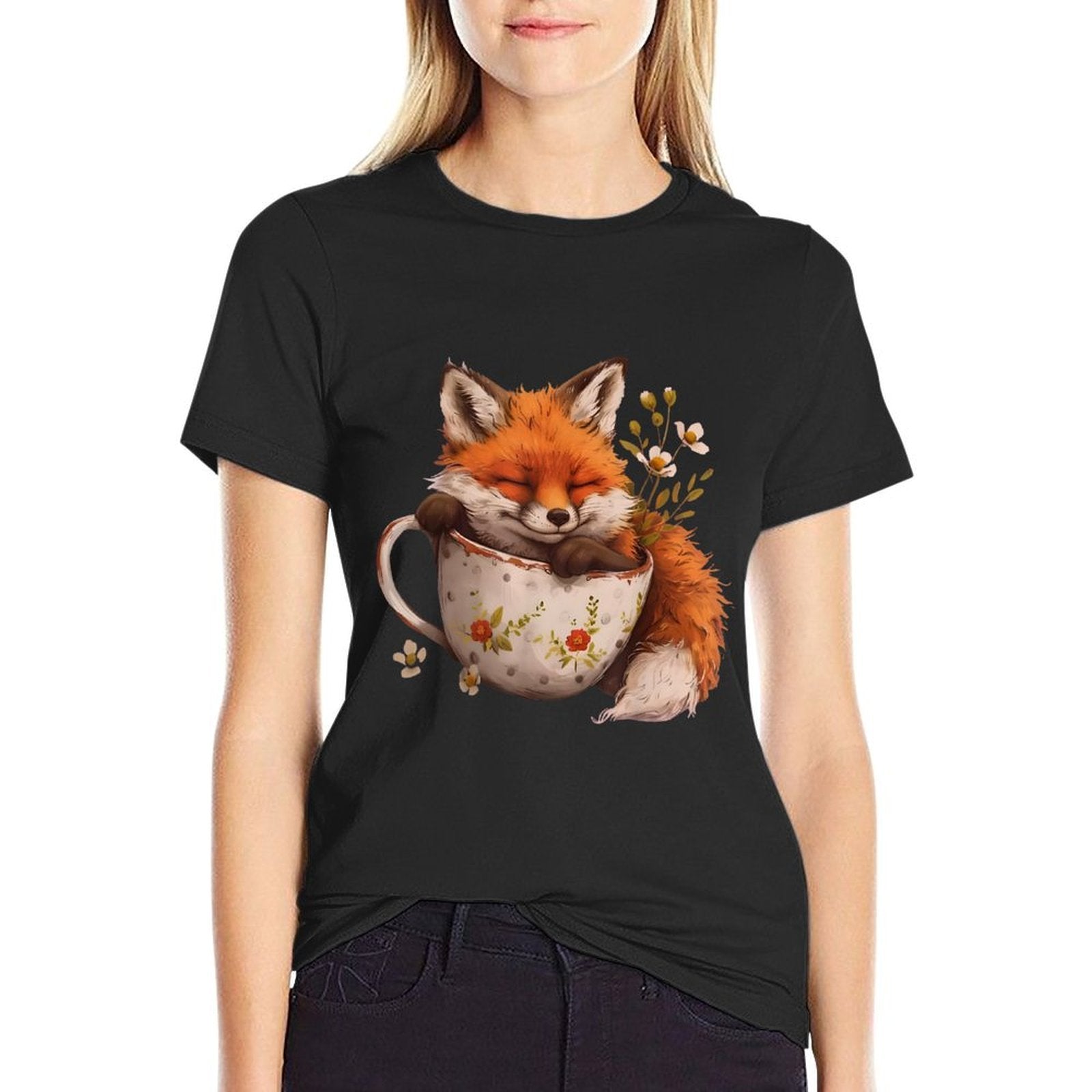 Cottagecore Floral Cute Fox Tea Cup Aesthetic Art Women Girl  Ribbed Collar T-Shirt