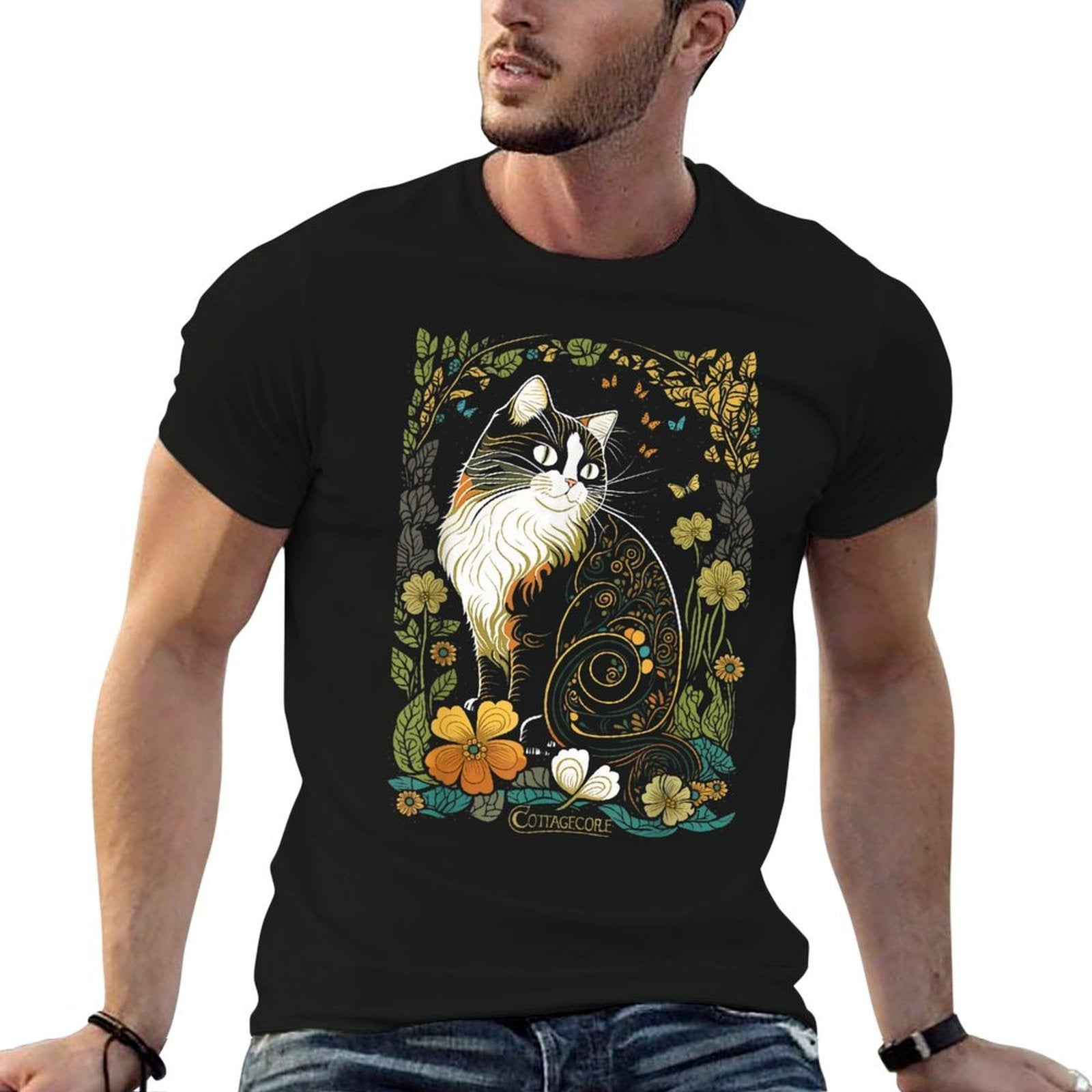 Cute Cottagecore Aesthetic Cat Flowers Butterflies Cat Mom  Breathable T-Shirt