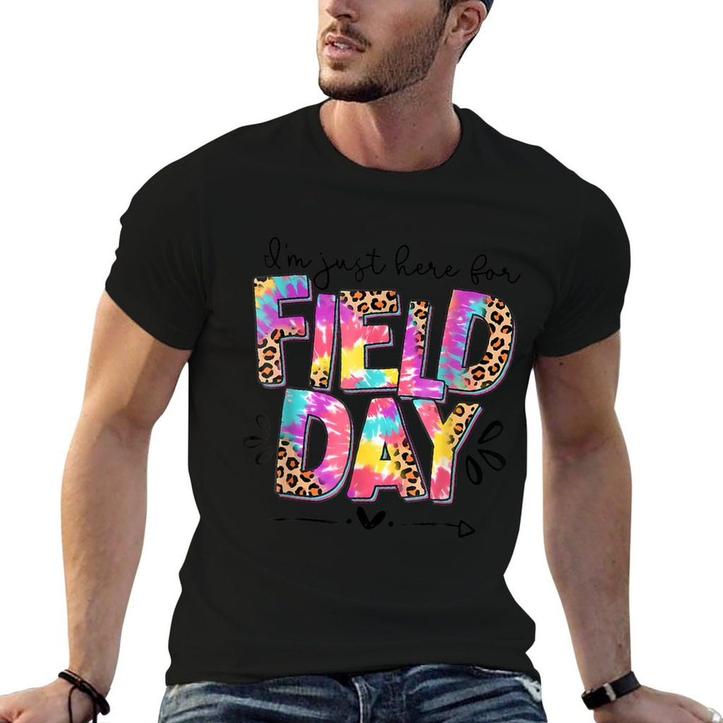 I'm Just Here For Field Day Leopard Tie Dye Last Day School  Rolled Sleeves T-Shirt