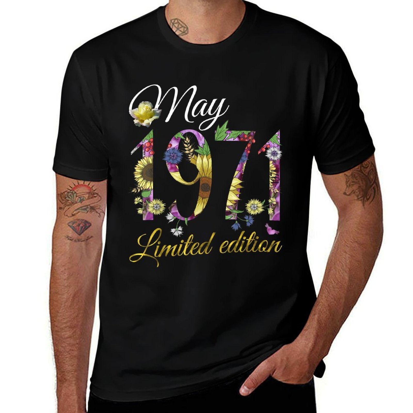 May 1971 50 Year Old Sunflower Floral 50th Birthday Gift  Ribbed Collar T-Shirt