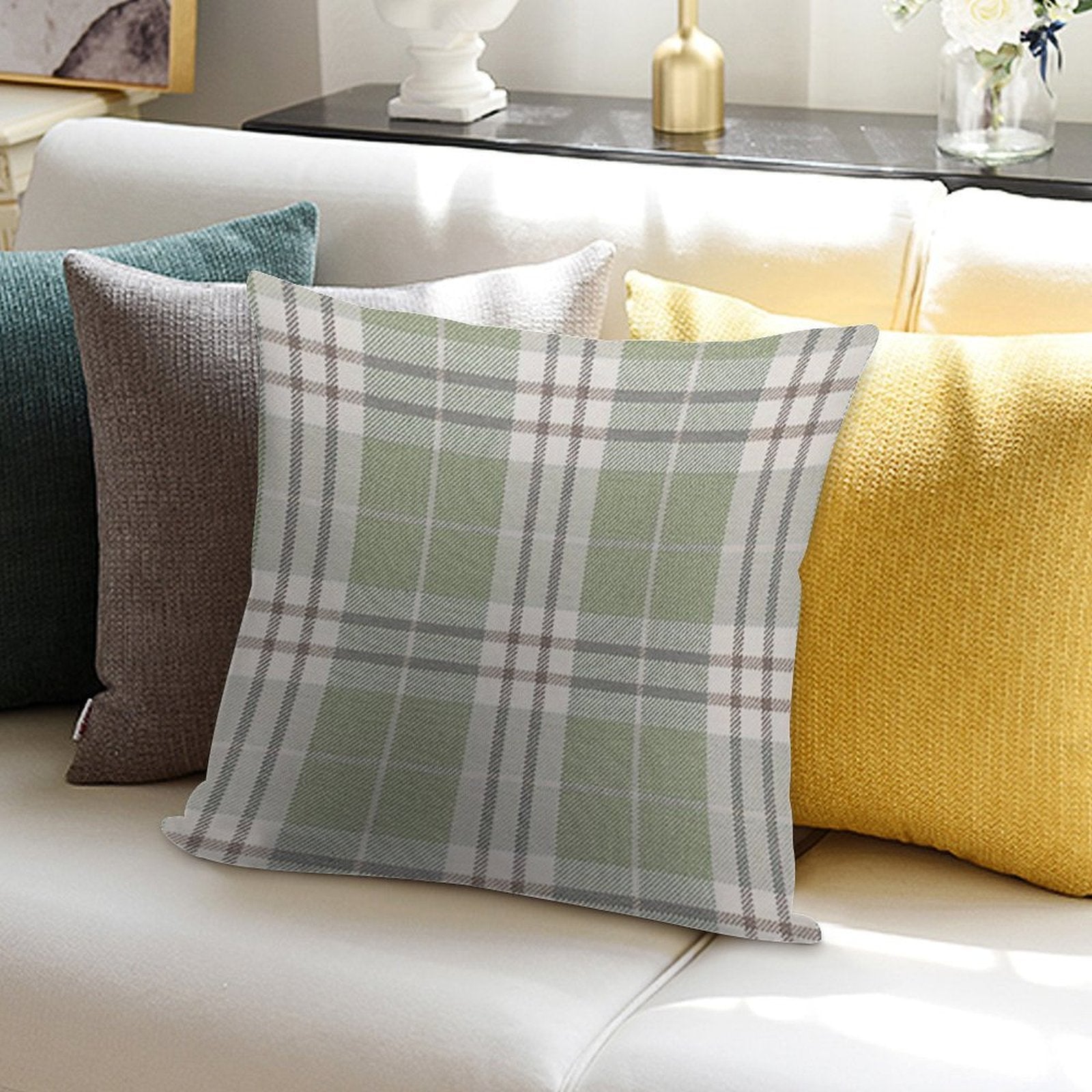Sage Green Plaid Soft Anti-Pilling Throw Pillow