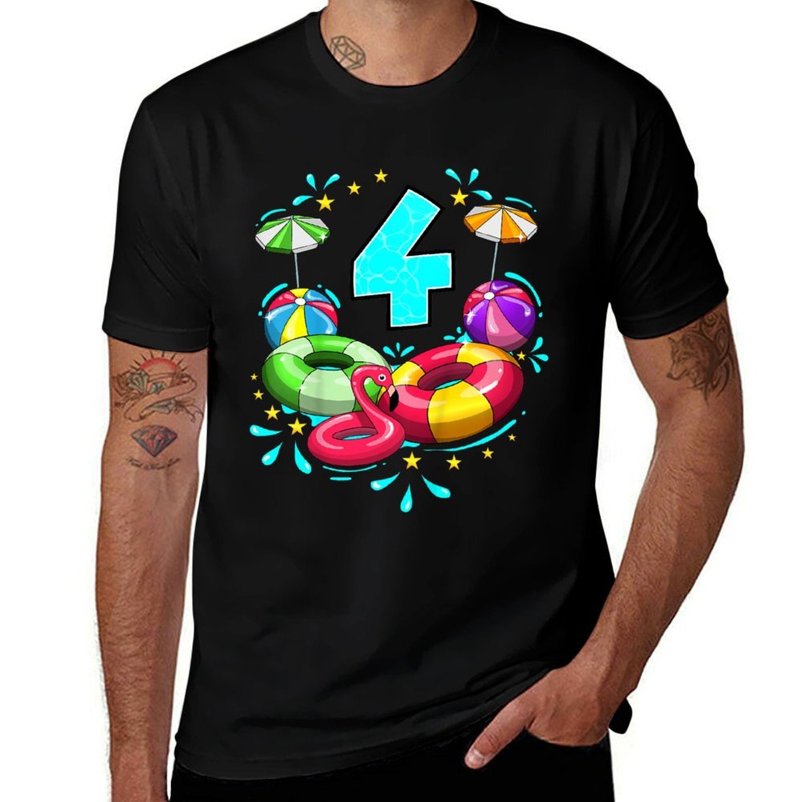 Kids 4th Birthday Pool Party 4 Years Old Beach Ball Summer  Slim-fit Cut T-Shirt