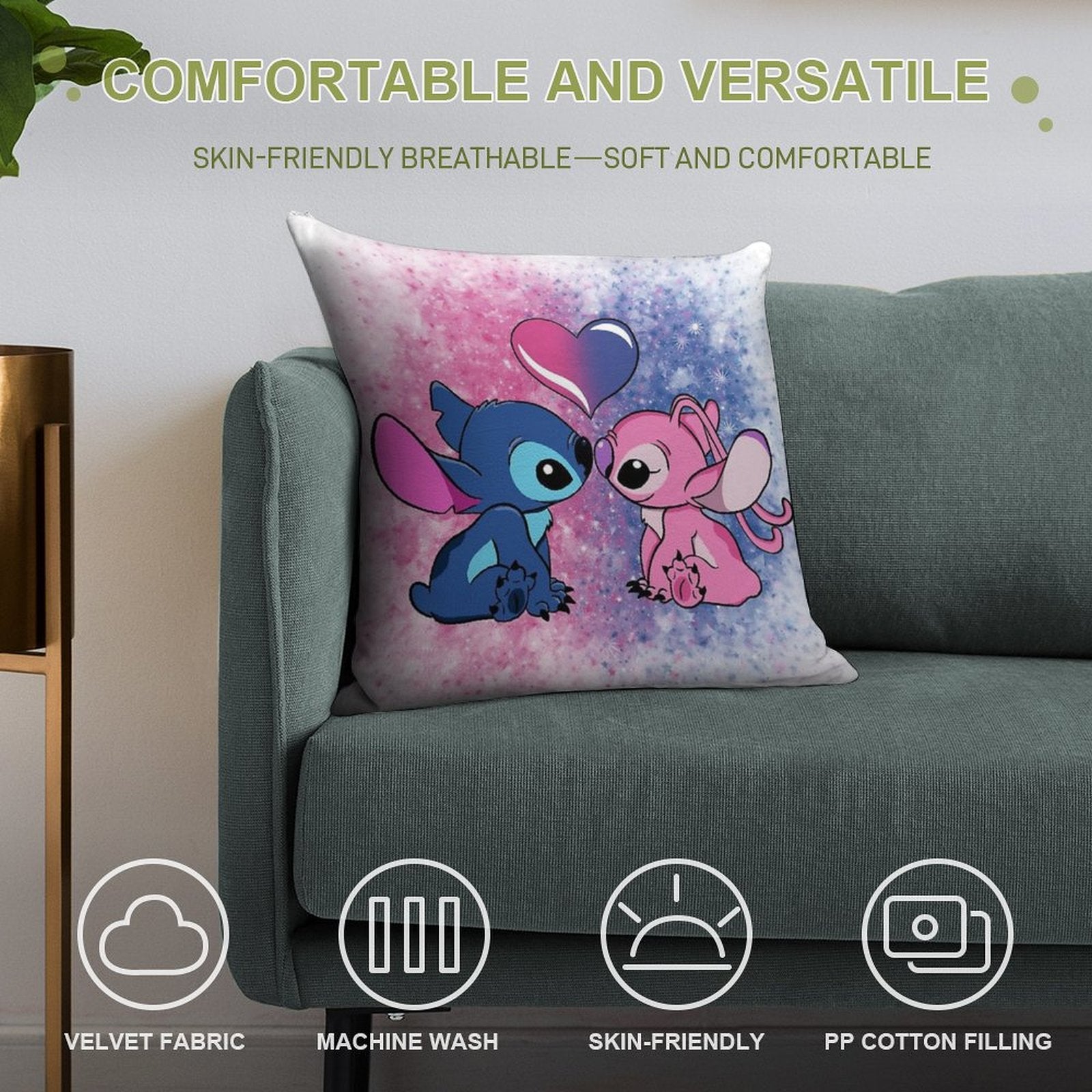 Stitch And Angel Soft Shrink-Resistant Throw Pillow