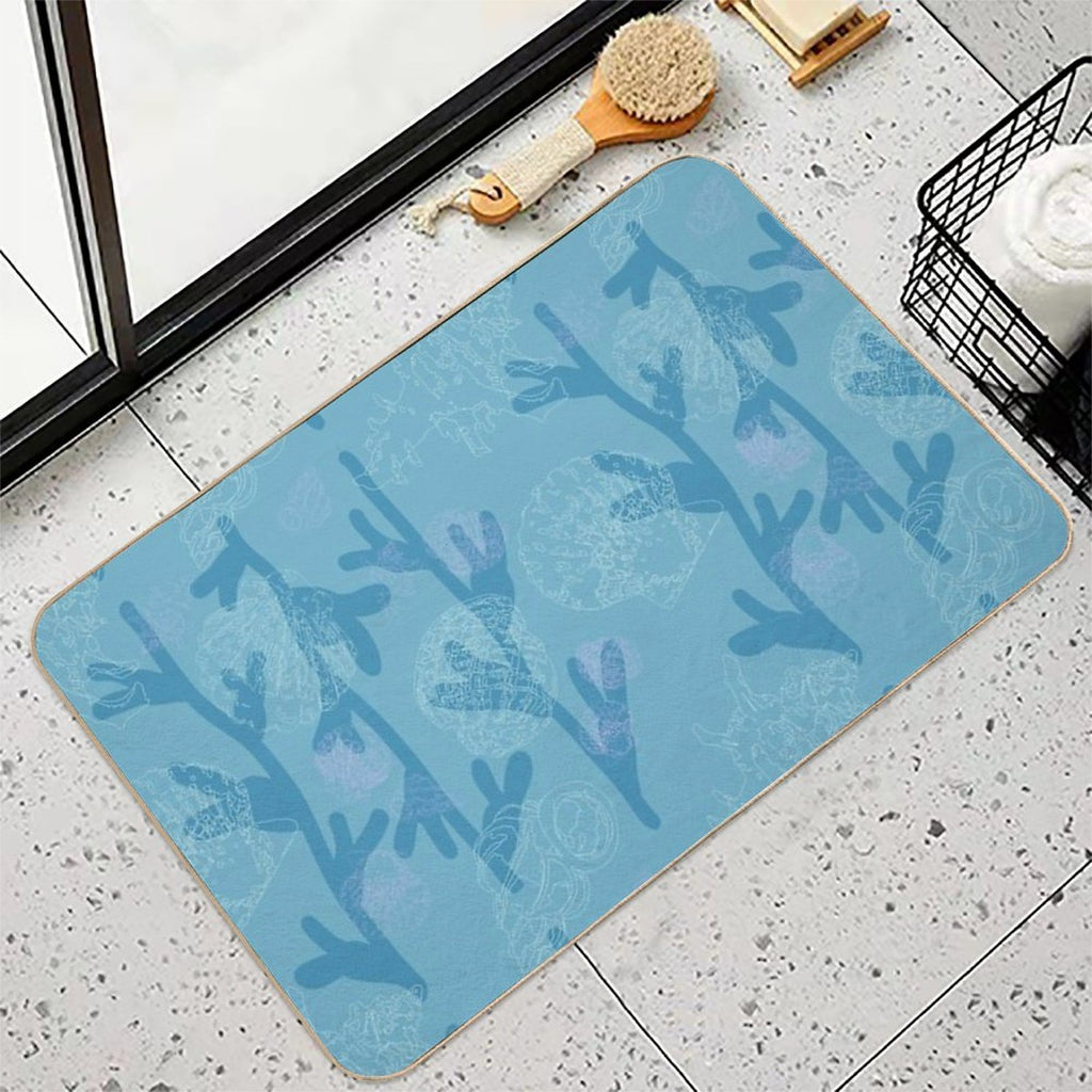 Seashells Seaweed Pattern in Blue  Repositionable Bath Mat