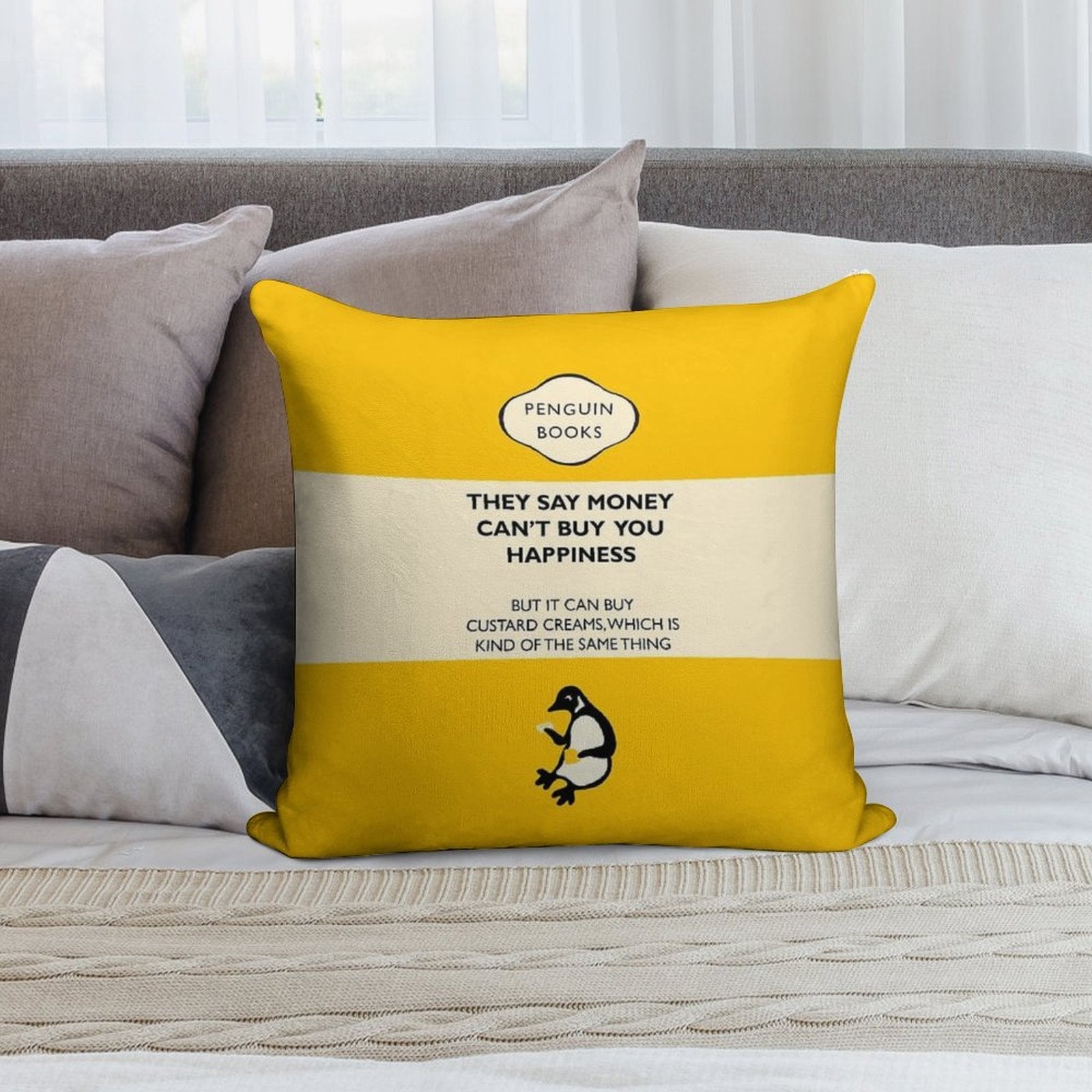 Custard Creams - Parody Penguin Book Cover Soft Reinforced Edging Throw Pillow