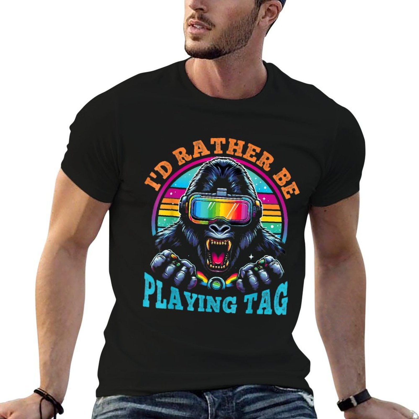 Bruh I'd Rather Playing Gorilla Funny Gorilla VR Gamer Boys  Oversized Silhouette T-Shirt