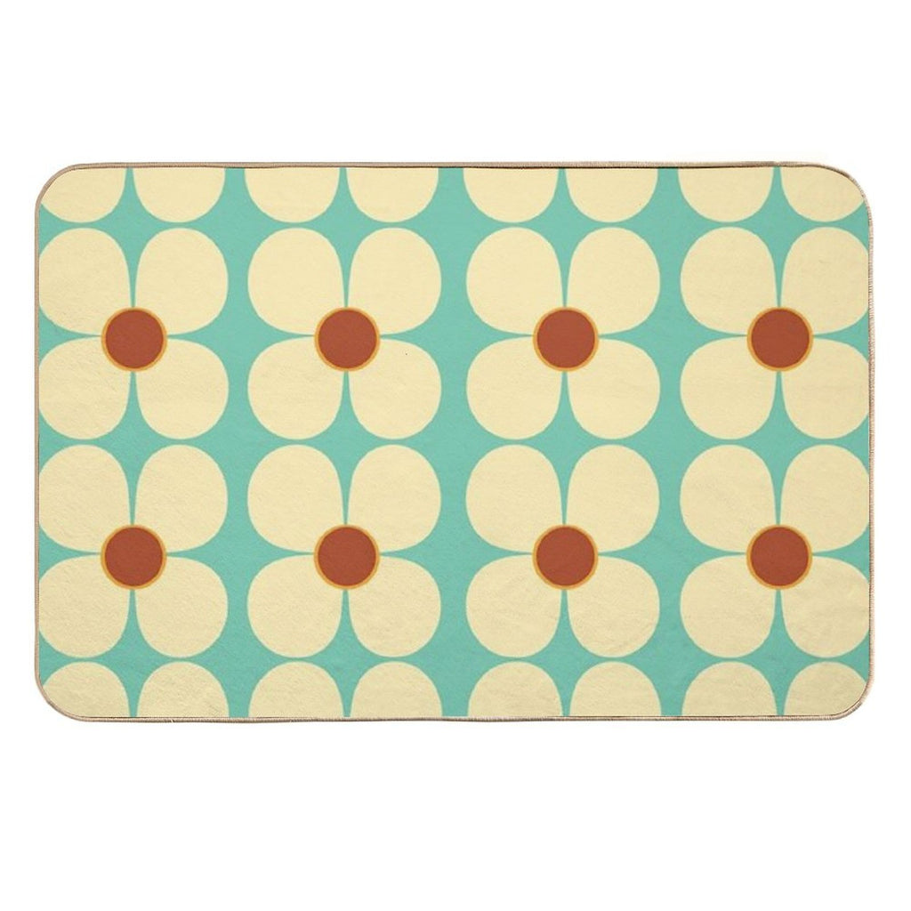 Retro Land Flower Power Blue And Cream  Easy To Clean Bath Mat