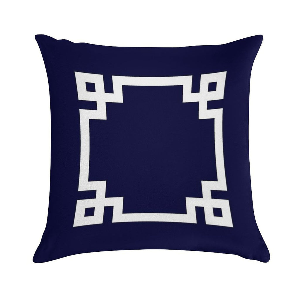 Greek Key Square White On Navy Blue Soft Short Plush Fabric Throw Pillow
