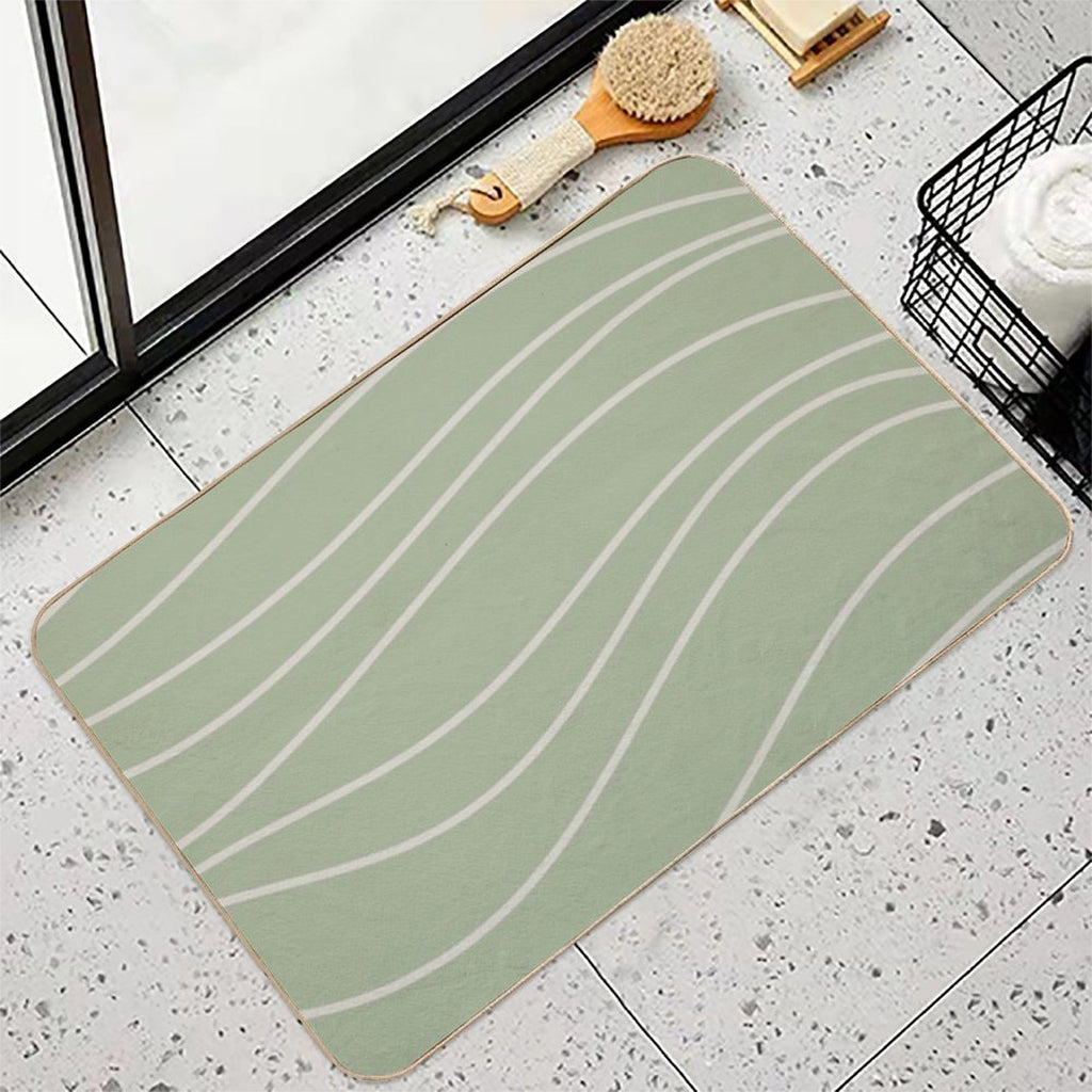 Sage Waves - Minimalist Abstract Line Pattern in Sage Green And Beige  Non-Slip Bath Mat