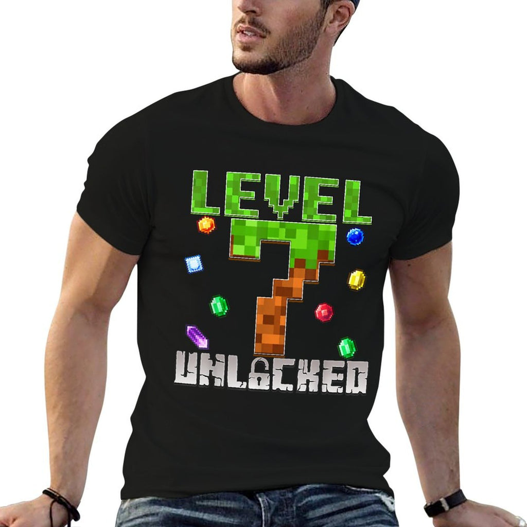 Birthday Boy Level 7 Unlocked 7th Birthday Game Pixel  Cotton T-Shirt