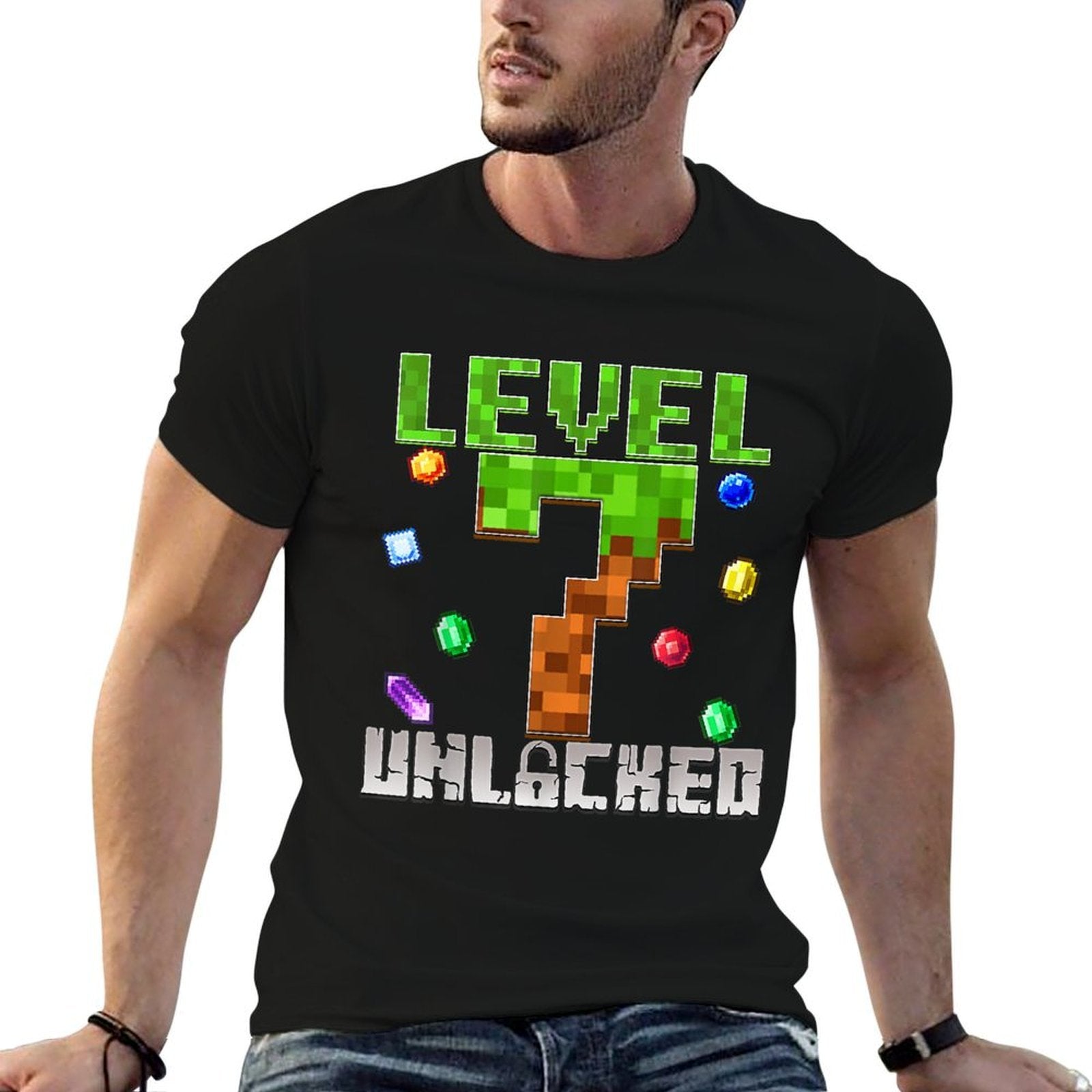 Birthday Boy Level 7 Unlocked 7th Birthday Game Pixel  Cotton T-Shirt