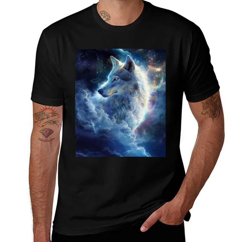 Alpha Galaxy Wolf Dark Fantasy Space Graphic Wolf Lovers  Rolled Sleeves T-Shirt