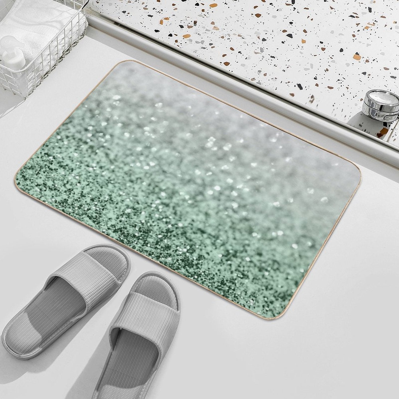 Silver Pastel Mint Green Ocean Glam #1 (Photo of Glitter Only - Not Reflective)  Long-Lasting Bath Mat