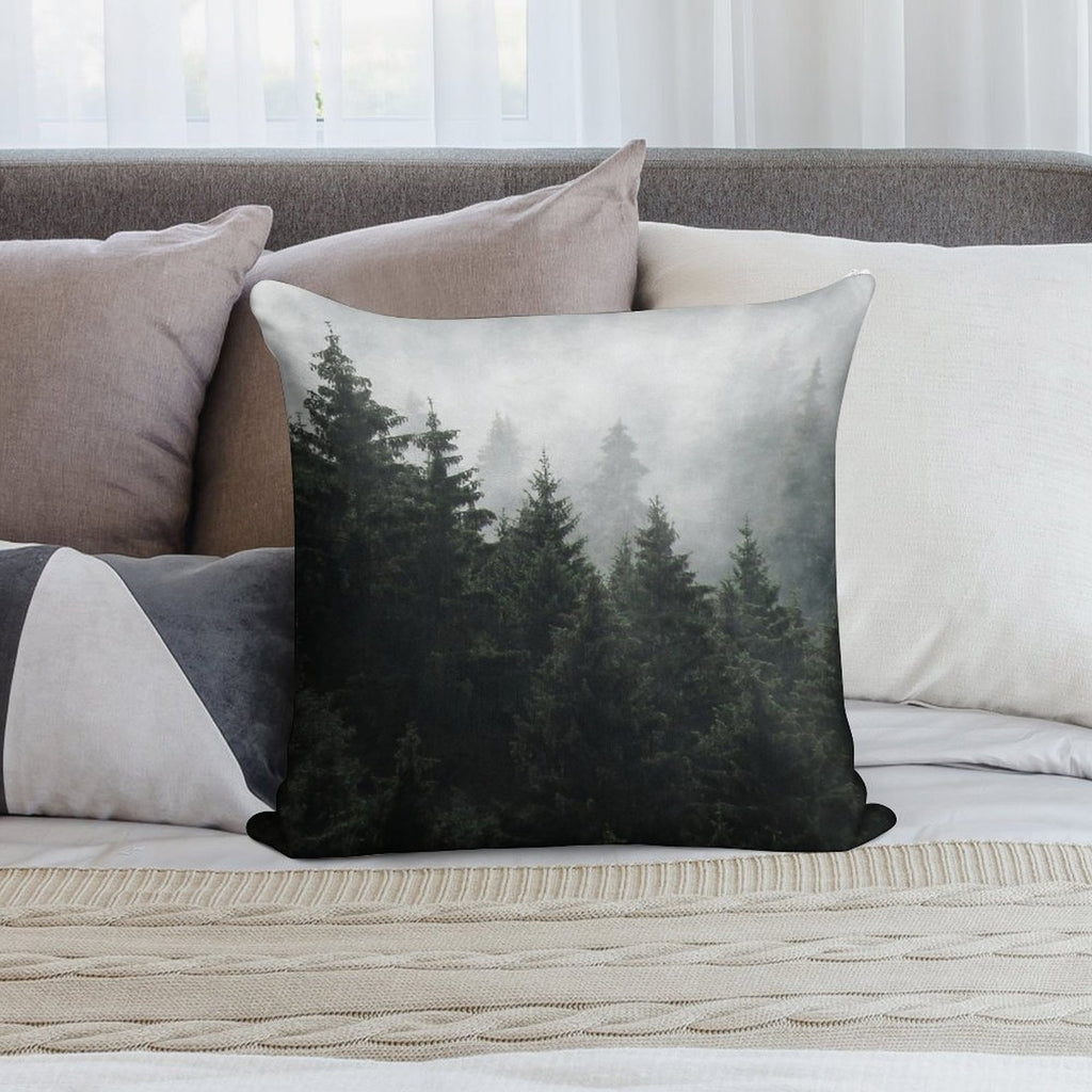 Waiting For  Misty Foggy Fairytale Forest With Cascadia Trees Covered In Magic Fog Soft Shrink-Resistant Throw Pillow