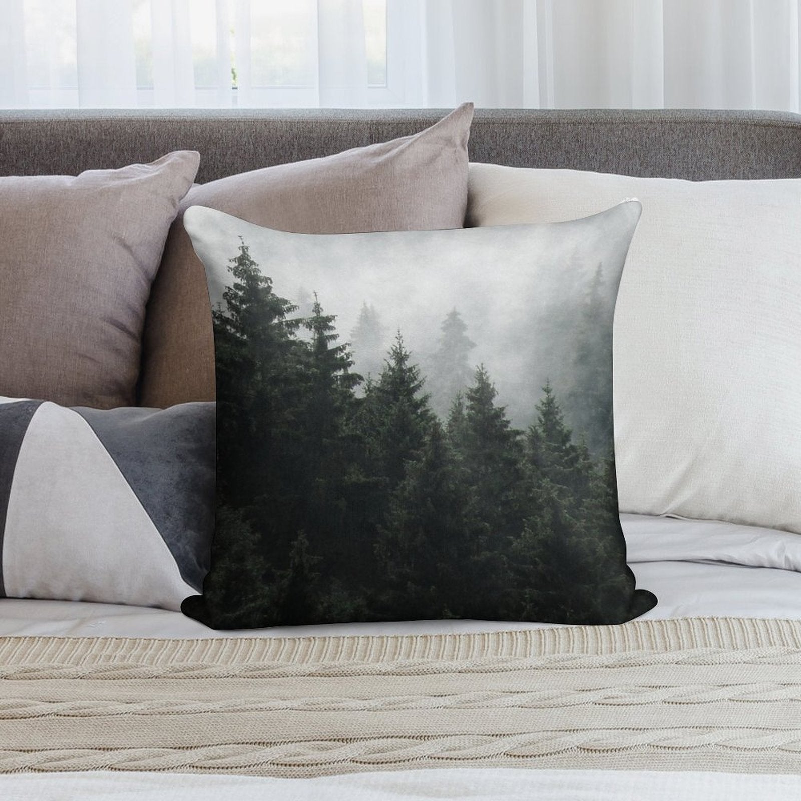 Waiting For  Misty Foggy Fairytale Forest With Cascadia Trees Covered In Magic Fog Soft Shrink-Resistant Throw Pillow