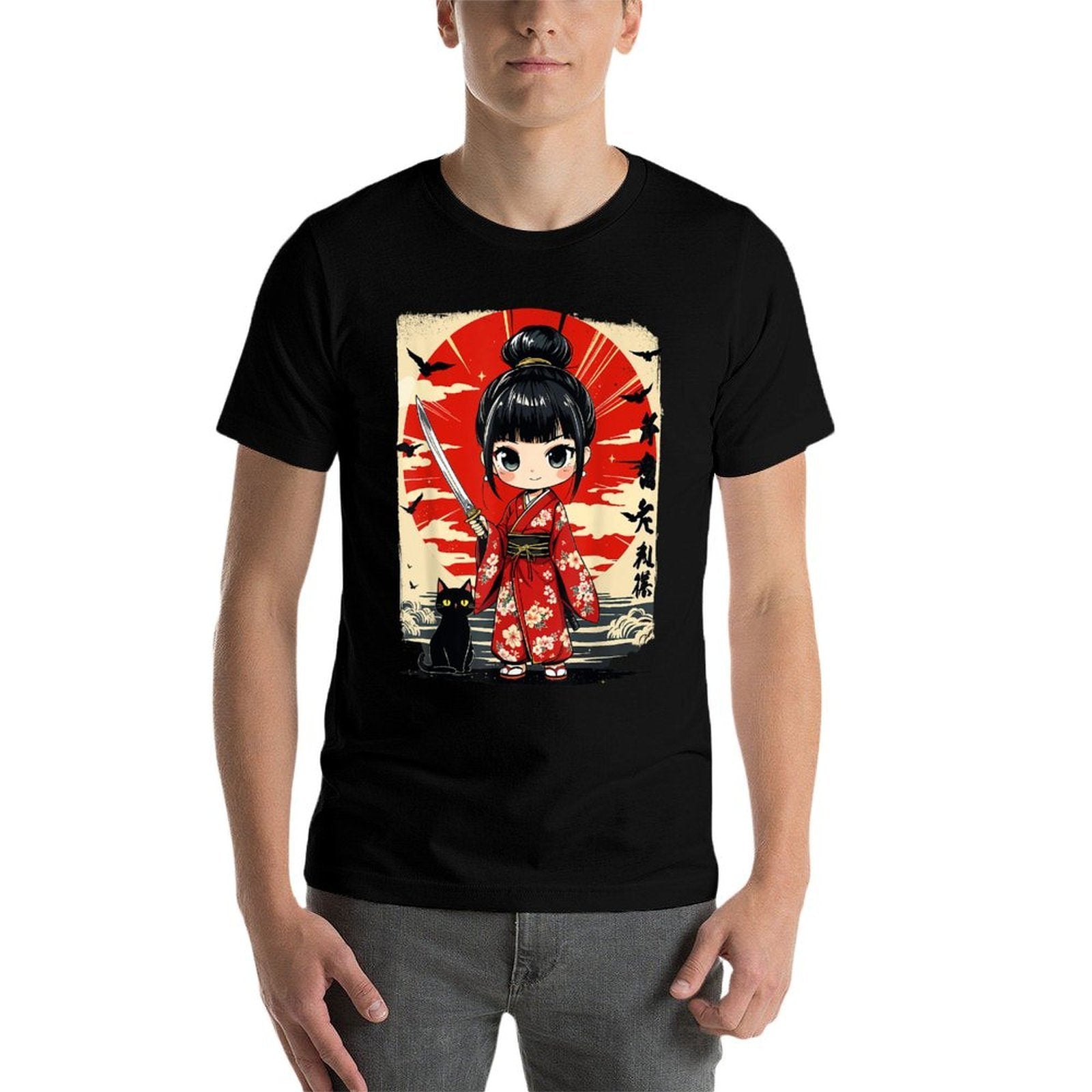 Cute Kawaii Samurai Girl And Cat Japanese Anime Kids Girls  Affordable Price T-Shirt
